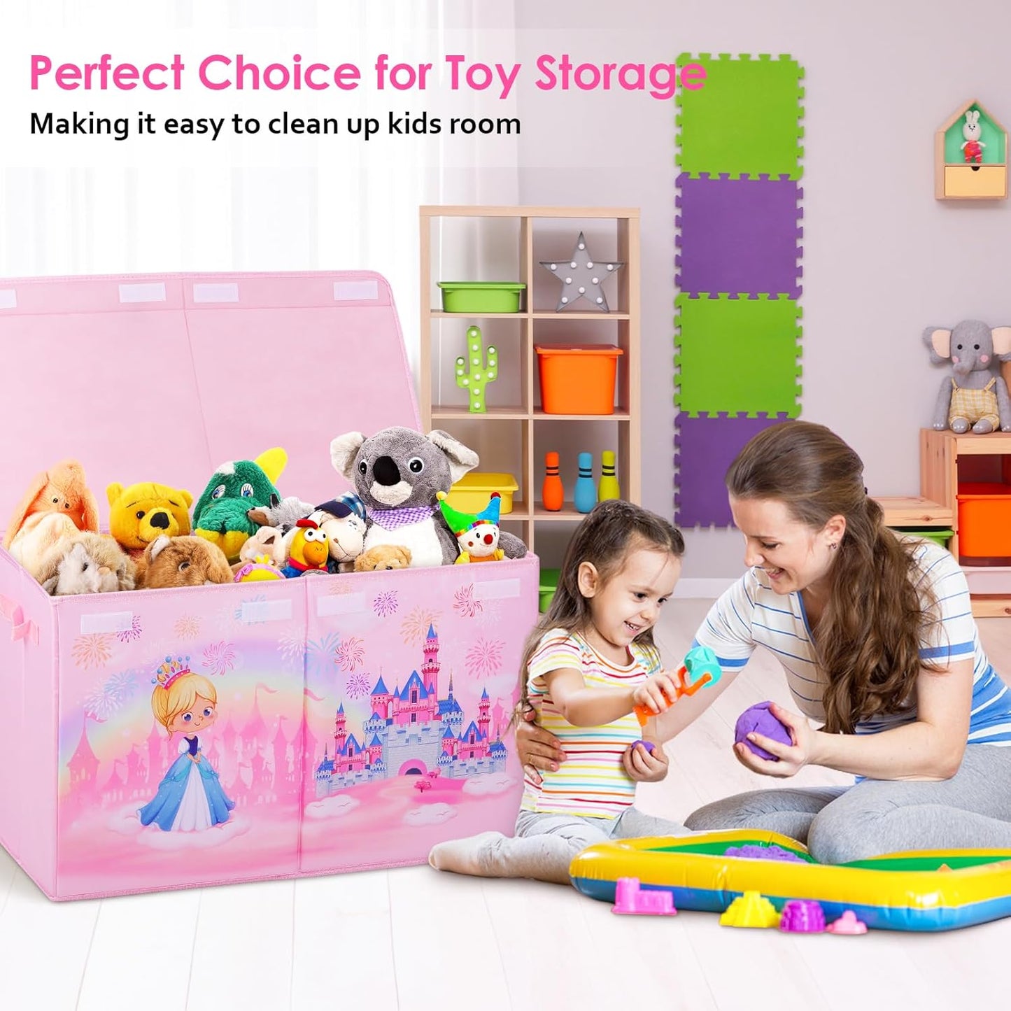 Princess Castle Kids Large Toy Storage Box with Lid, Foldable (65×30×40cm)