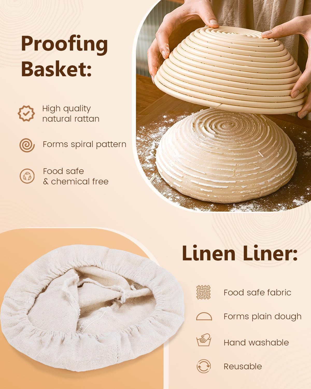 Bread Proofing Basket Set, 9 Inch Round and 10 Inch Oval Rattan Banneton Bowl with Sourdough Bread Making Tools
