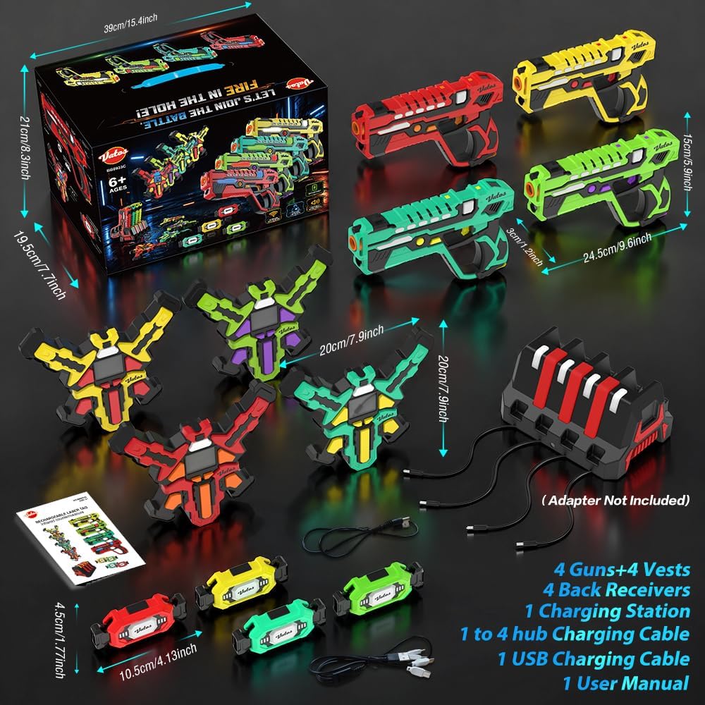 VATOS Rechargeable Laser Tag Set for 4 Players - 360° Combat, 2.4GHz Real-time Data Sync, Night Ready & 5 Weapon Modes - 4 Guns 4 Vests 4 Rear Receivers - Birthday Gifts for Kids Teens