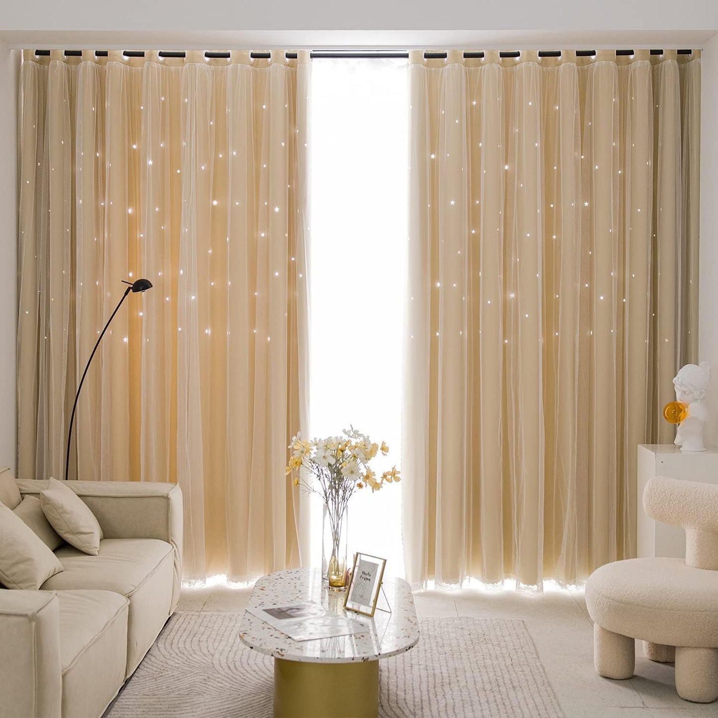 Star Blackout Curtains with Nets,Beige Star Panels Nursery Double Layer Window Curtains for Kids Girls Room Bedroom Living Room Decoration,2 Panels,W 52 in x L 84 in