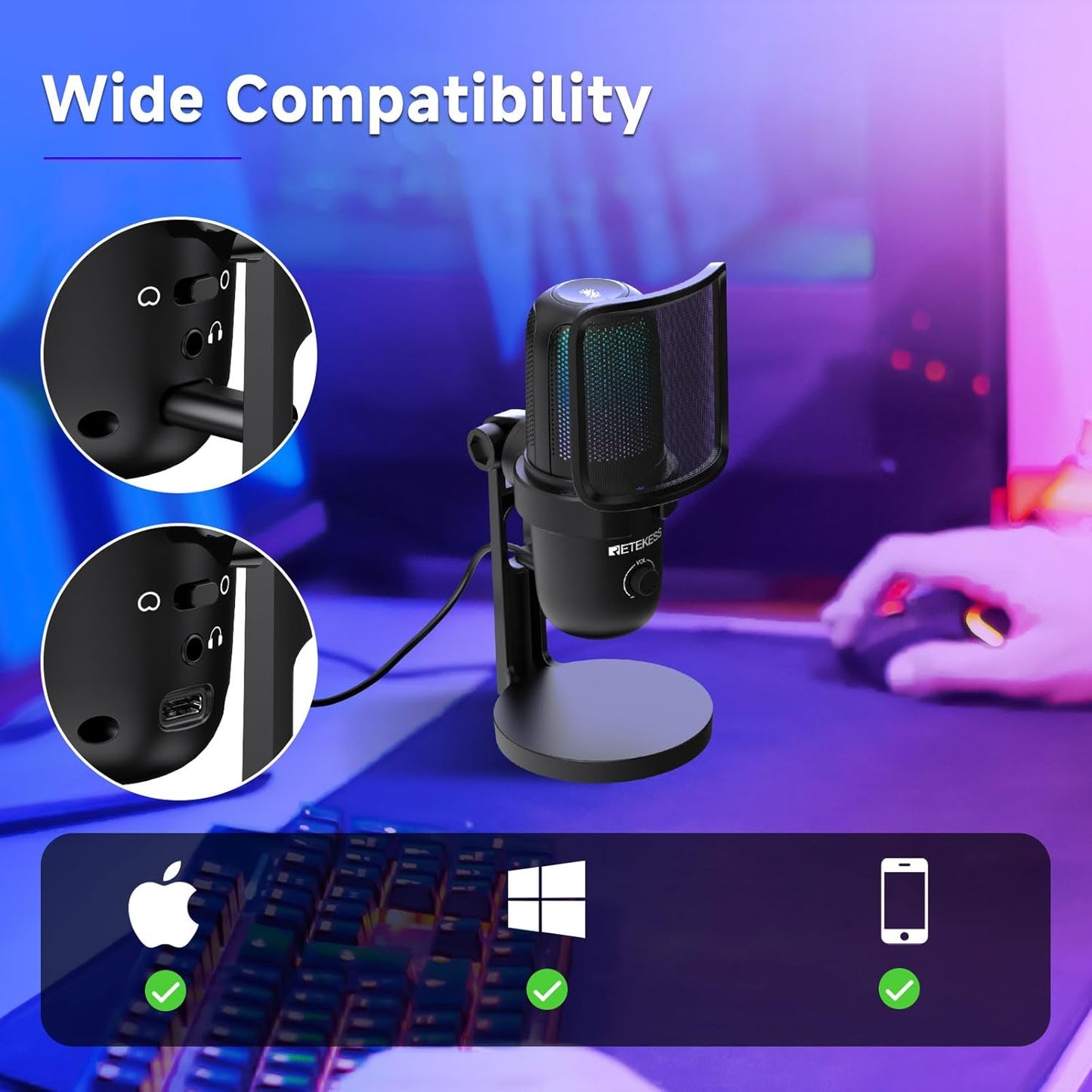 TG201 Gaming Mic, HiFi Sound Quality, Plug and Play, 2 Pickup modes, Compatible with PC