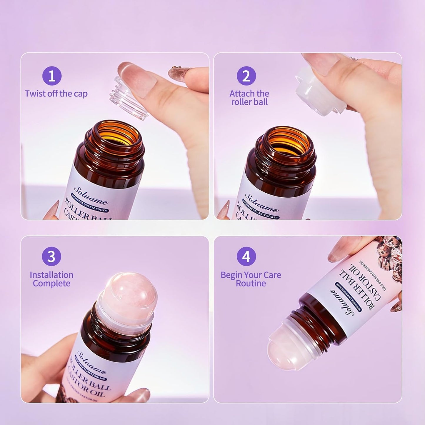 Roll-On Castor Oil with Rose Quartz Roller, Cold Pressed Castor Oil Roll-On for Face, Body and Neck, Moisturizing and Nourishing for Skin 1.7fl.oz