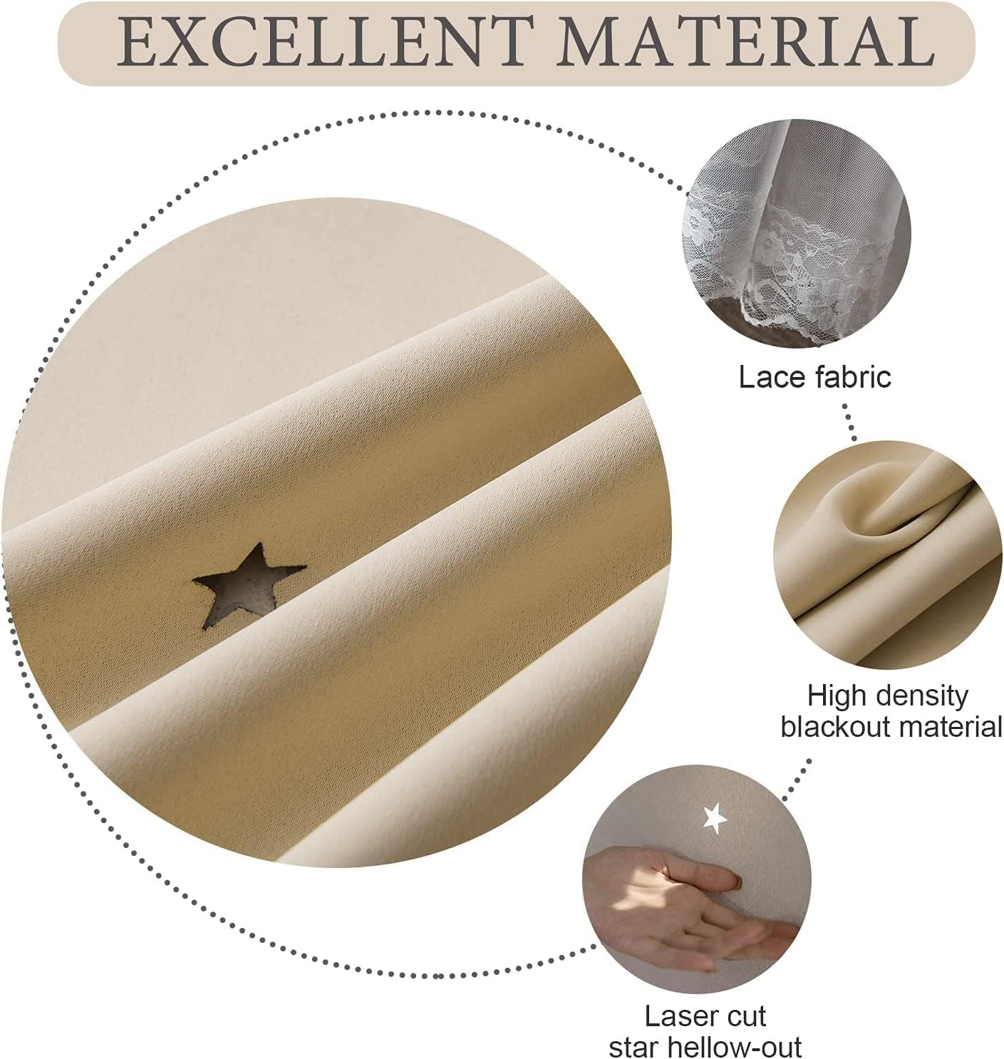 Star Blackout Curtains with Nets,Beige Star Panels Nursery Double Layer Window Curtains for Kids Girls Room Bedroom Living Room Decoration,2 Panels,W 52 in x L 84 in