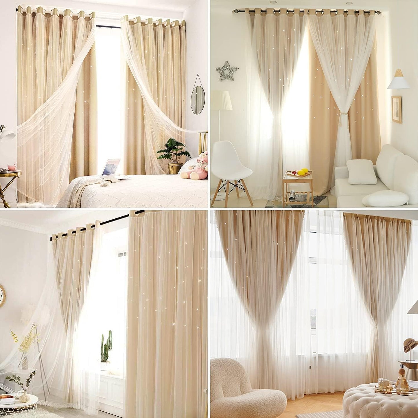 Star Blackout Curtains with Nets,Beige Star Panels Nursery Double Layer Window Curtains for Kids Girls Room Bedroom Living Room Decoration,2 Panels,W 52 in x L 84 in