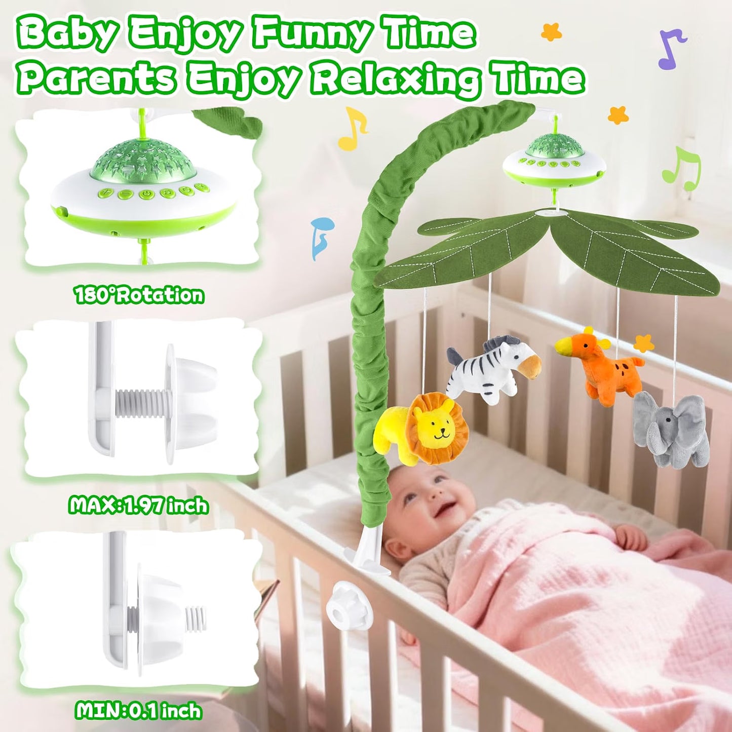 VZO Baby Cot Mobile, Crib Mobile with Music and Projection, Musical Cot Mobiles for Babies, Baby Nursery Cot Mobile Decor Green