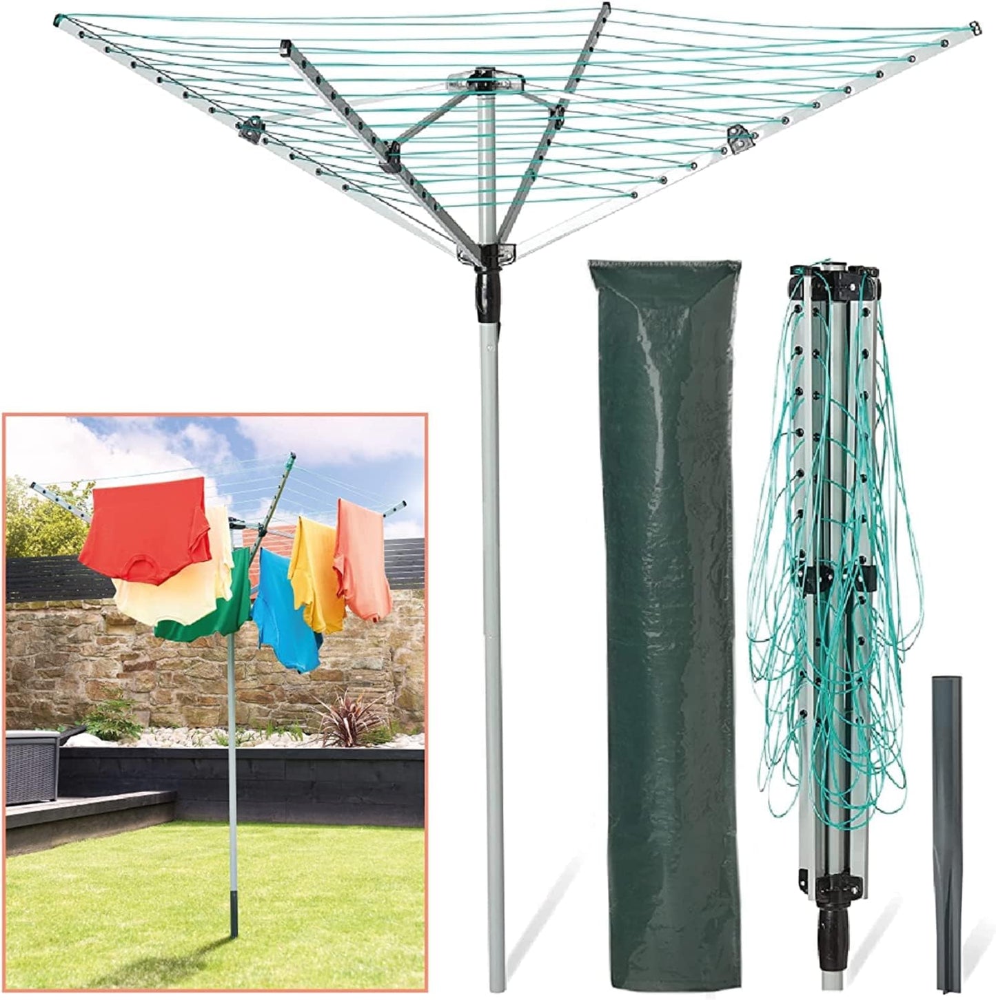 Rotary Airer Clothes Line With 4 Arms For Drying Washing Outdoors Folding Washing Line With Free Ground Spike and Cover (45m)