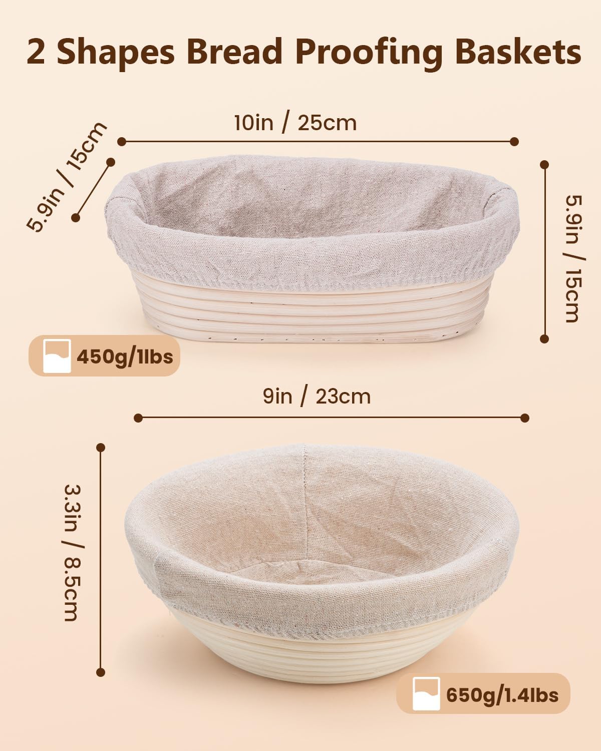 Bread Proofing Basket Set, 9 Inch Round and 10 Inch Oval Rattan Banneton Bowl with Sourdough Bread Making Tools