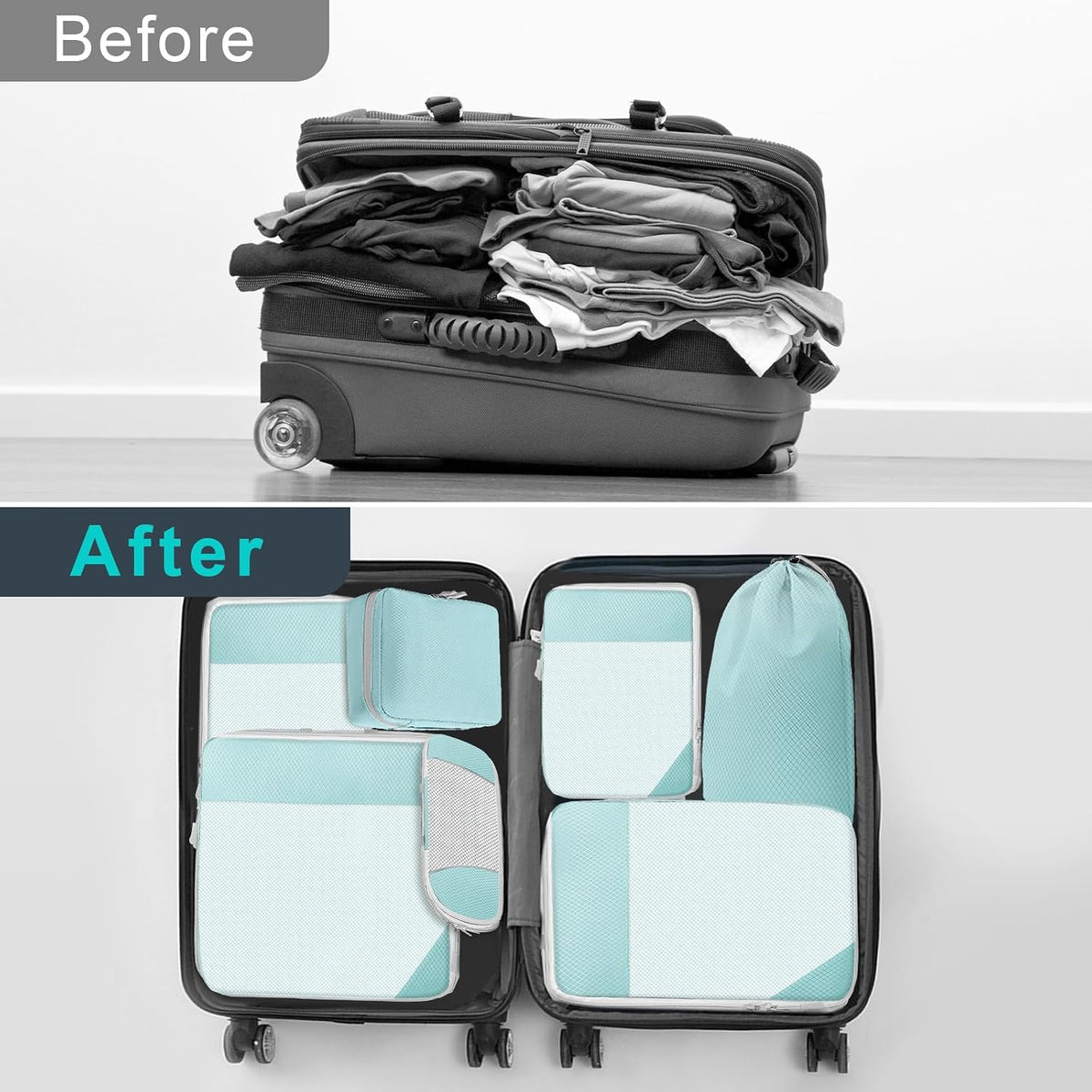 Compression Packing Cubes, 7 PCS Travel Luggage Packing Organizers with Mesh Extensible Suitcase Organiser Bags Set for Travel or Home Storage (Blue)