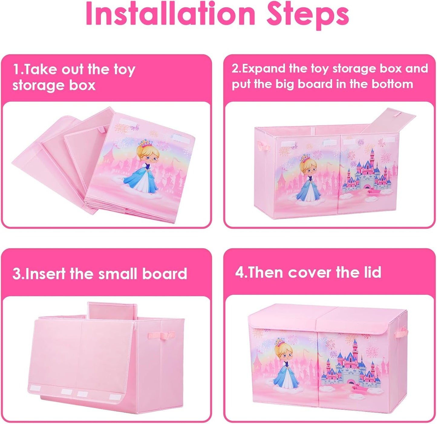 Princess Castle Kids Large Toy Storage Box with Lid, Foldable (65×30×40cm)