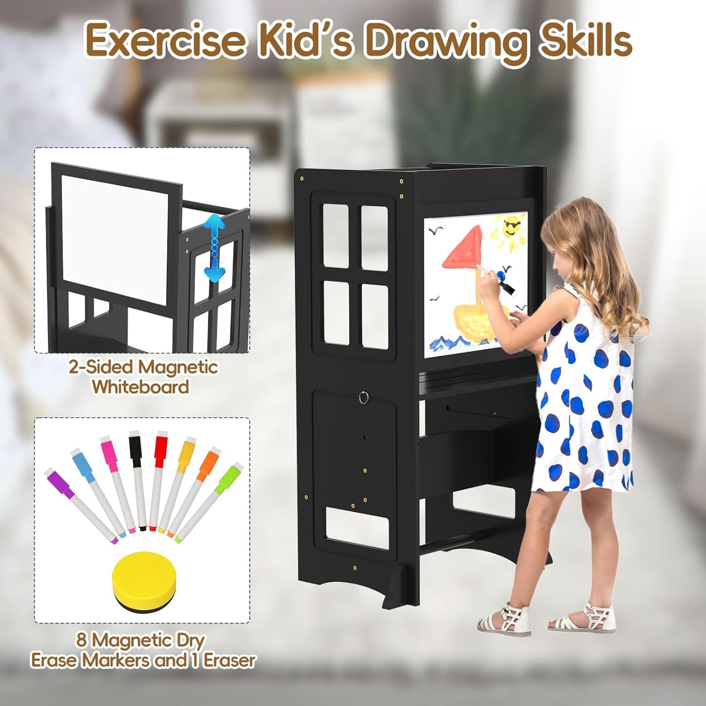 Kids Kitchen Stool Helper, Learning Standing Stool - Height Adjustable