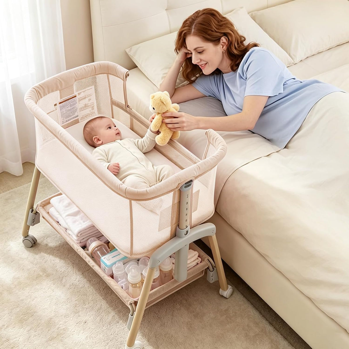Next To Me Crib – Adjustable Baby Bed with Dropside, Premium Mattress, Breathable Mesh & Storage Shelf - No-Tool Assembly Bedside Baby Crib, Bassinet for Newborns 0–6 Months (Beige)