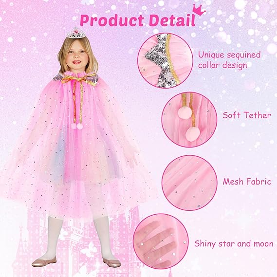 Princess Cloak Sparkling Sequins Tulle Princess Costumes for Girls with Crown Princess Fancy Dress Up