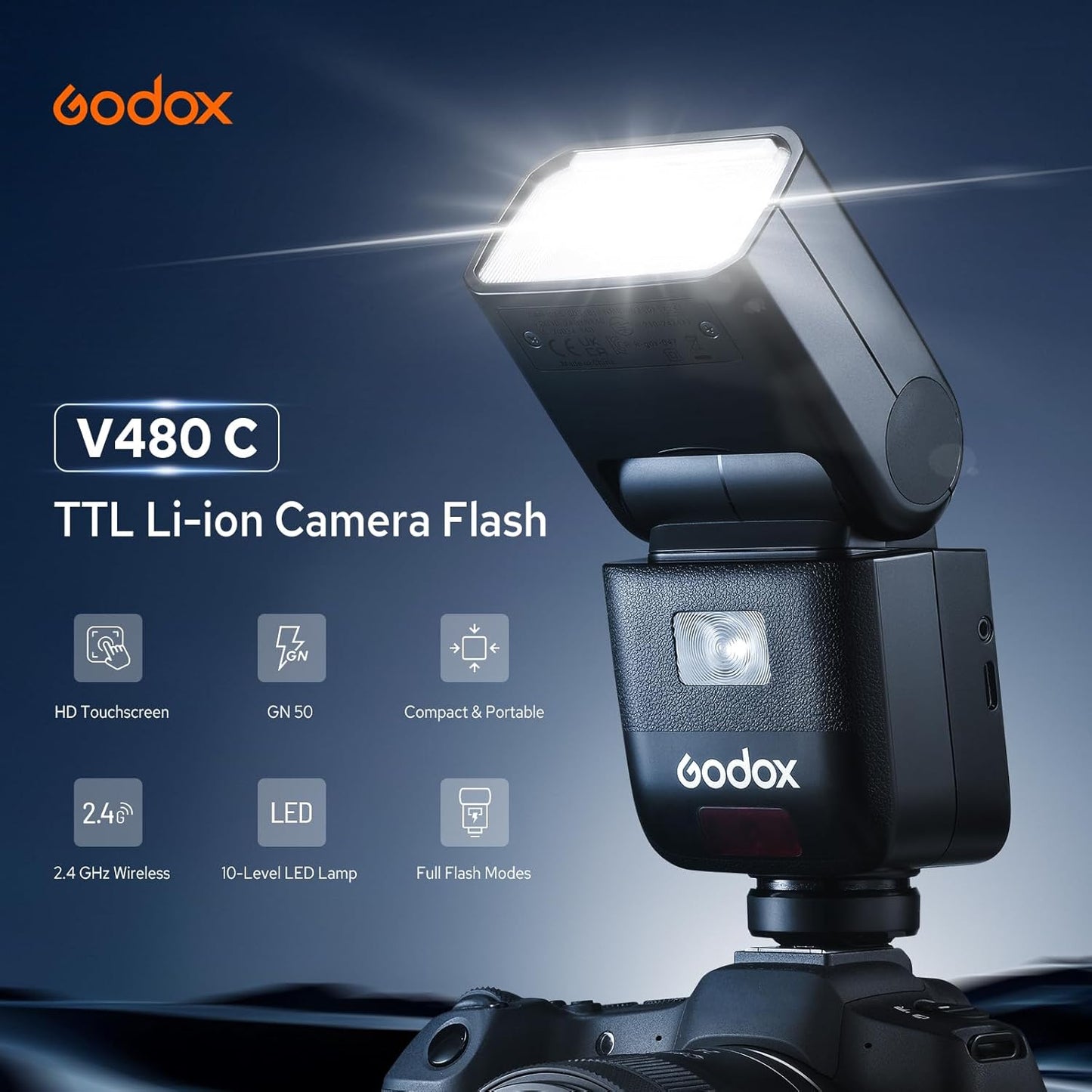 Godox V480C V480 C Flash for Canon, GN50 HSS 1/8000s 650 Full Power Flashes Touchscreen Control 2.4G Wireless System TTL Flash Light Speedlite with Battery