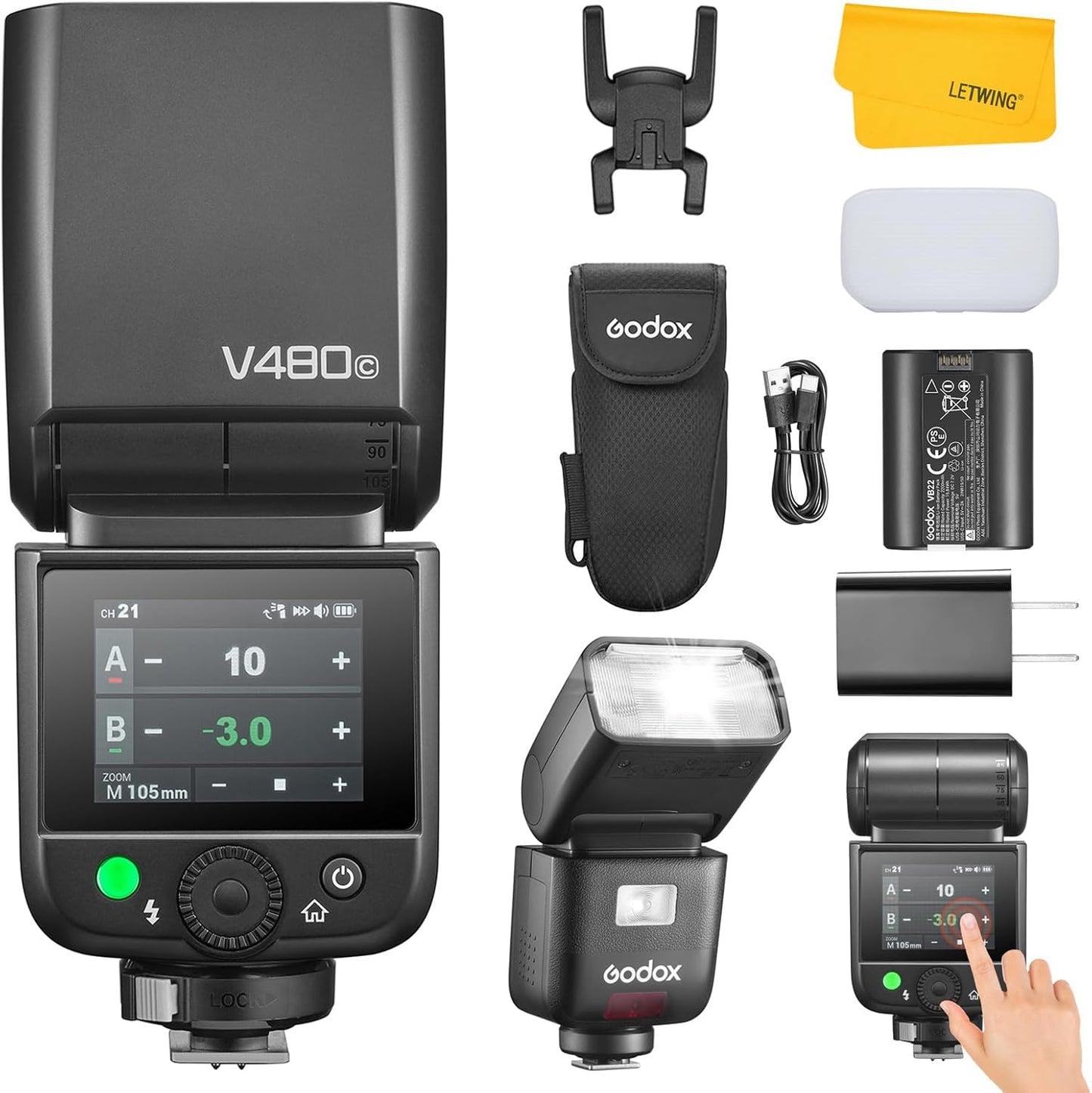 Godox V480C V480 C Flash for Canon, GN50 HSS 1/8000s 650 Full Power Flashes Touchscreen Control 2.4G Wireless System TTL Flash Light Speedlite with Battery
