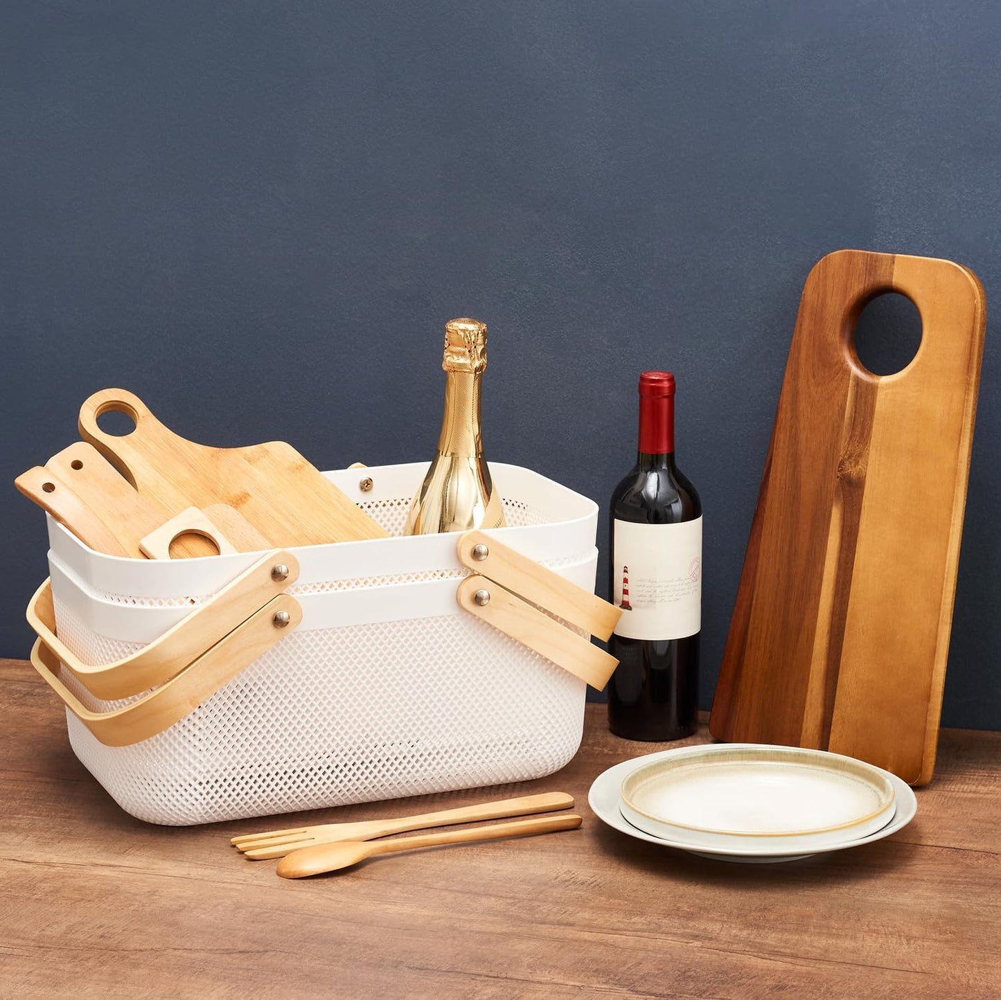 EZOWare plastic mesh garden harvest baskets with wooden handles and assorted kitchen items