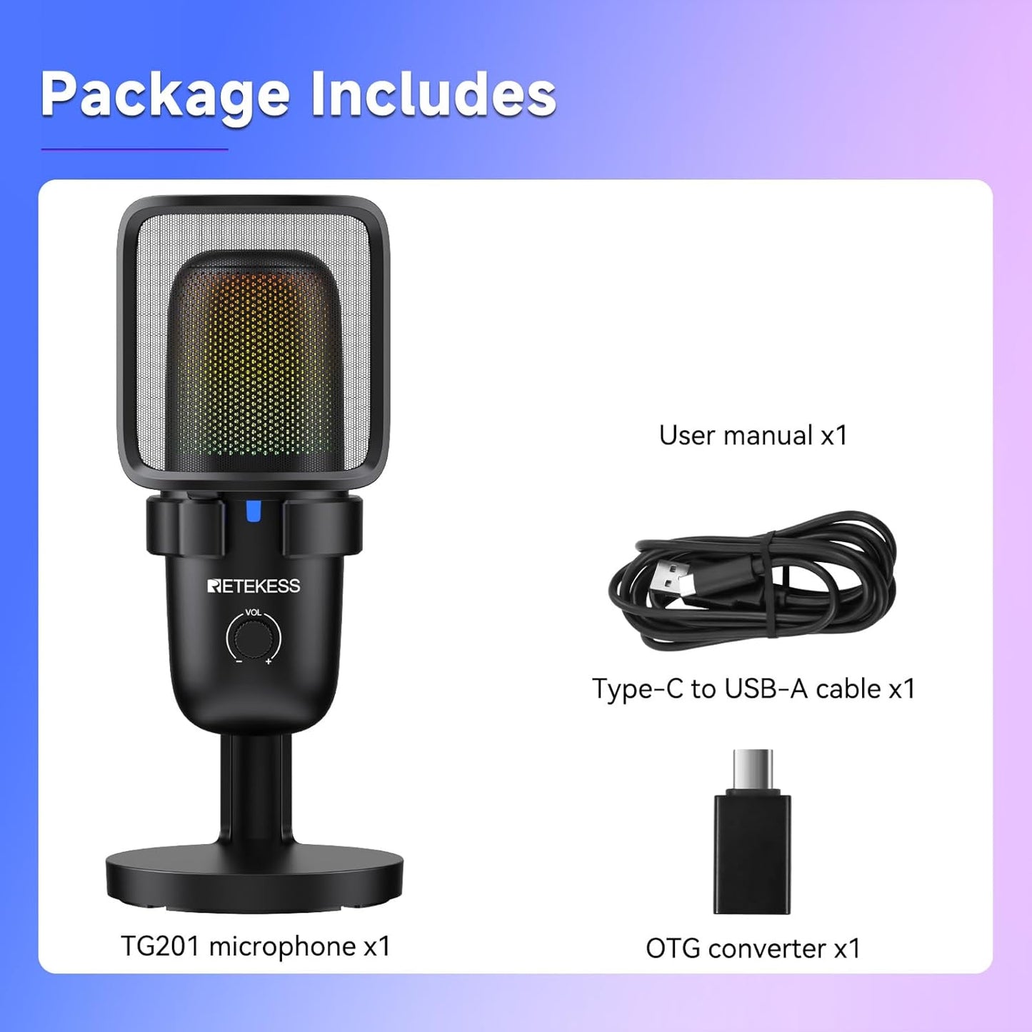 TG201 Gaming Mic, HiFi Sound Quality, Plug and Play, 2 Pickup modes, Compatible with PC