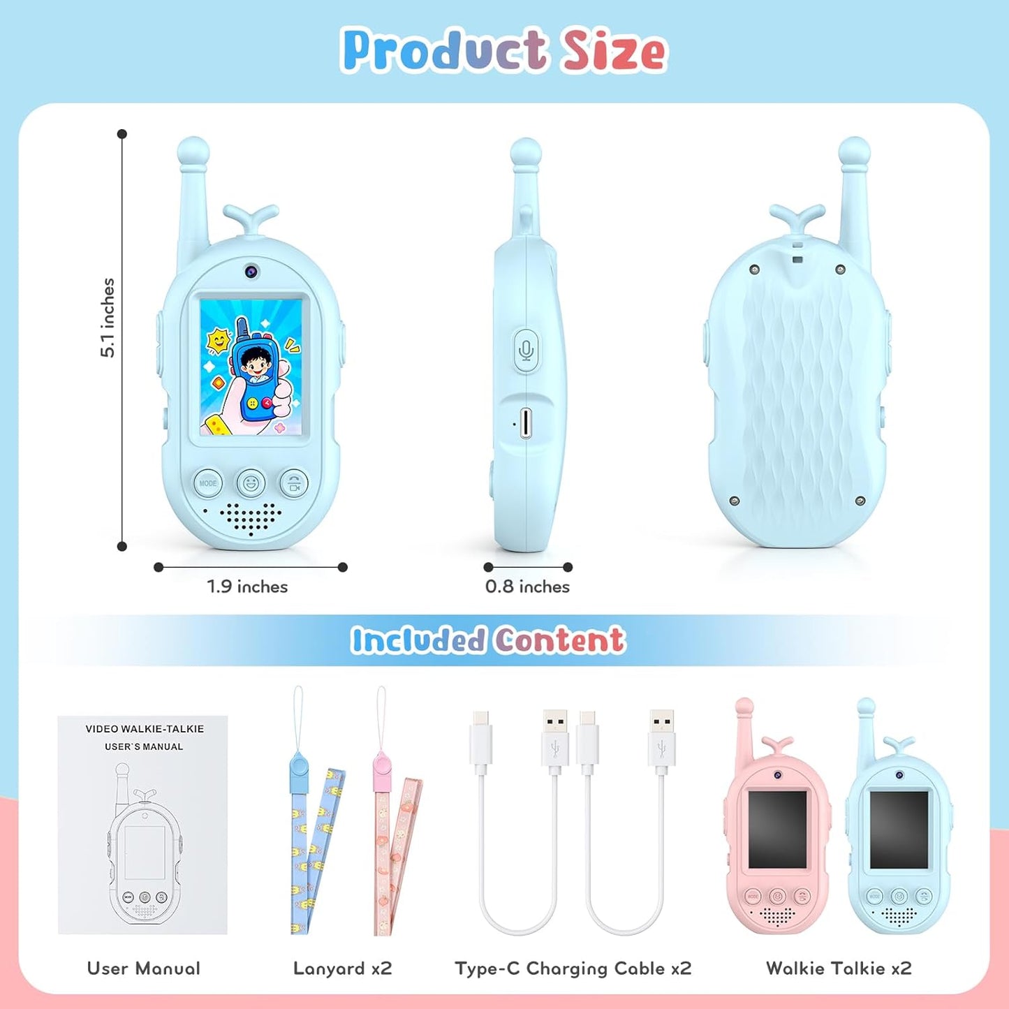 Kids Video Walkie Talkies 2 Pack, Rechargeable Walkie Talkies with Voice Changer & Sticker Effect, Long Range Video Intercom for Indoor Outdoor Games, Birthday Gifts for 3-10 Year Old Boys Girls