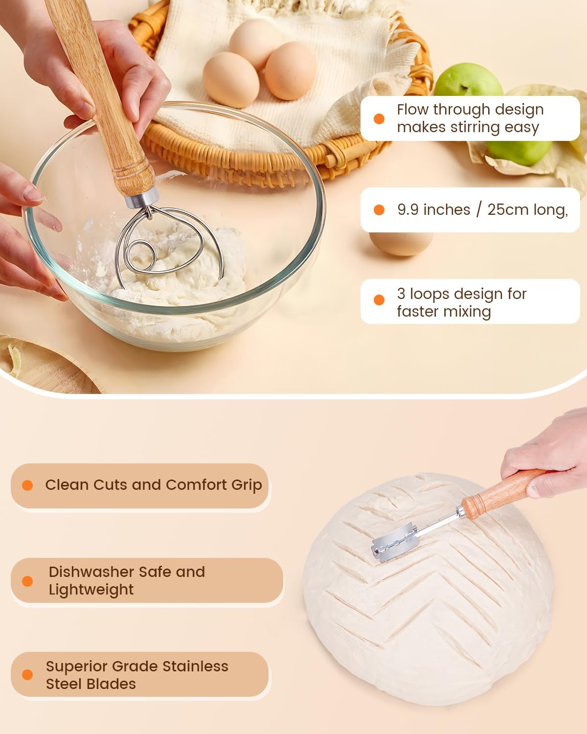Bread Proofing Basket Set, 9 Inch Round and 10 Inch Oval Rattan Banneton Bowl with Sourdough Bread Making Tools