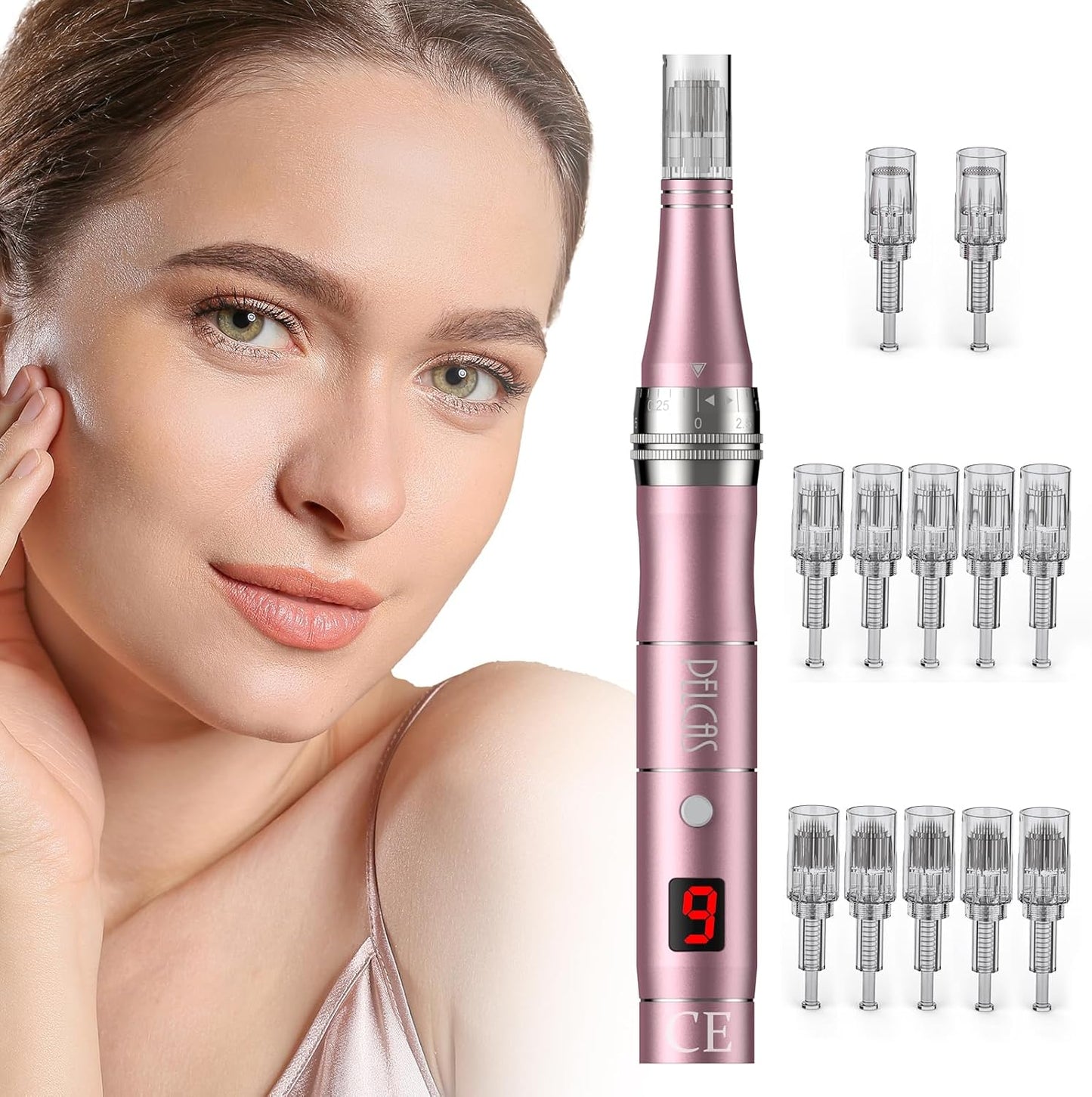 Microneedling Pen 9-Speeds, PELCAS Dermapen with LCD Screen 12 Replacement Pcs