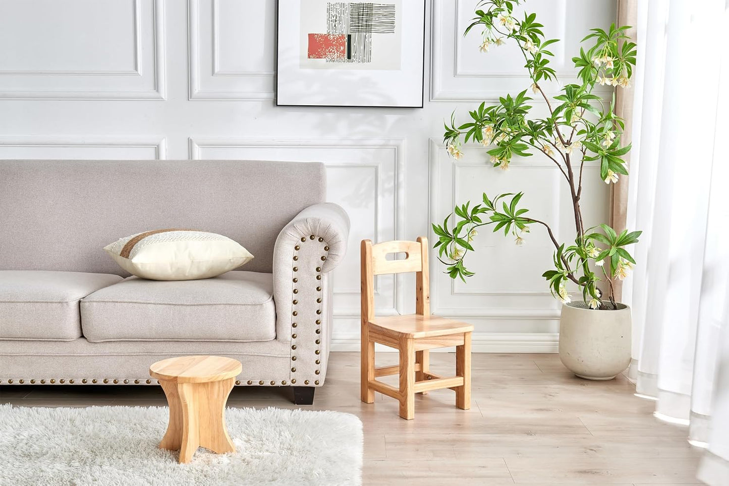 Children's Wooden Chair and Small Wooden Stool Set(4pcs)