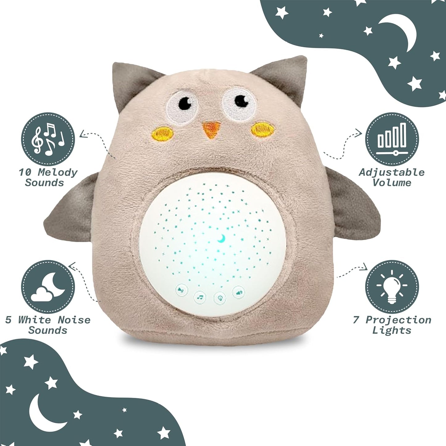 Plush Baby Owl Sleep Soother with Calming Sounds and Starry Projector