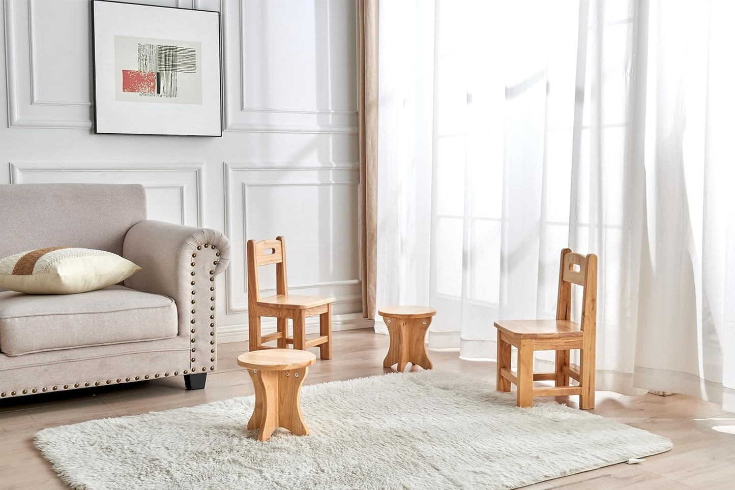 Children's Wooden Chair and Small Wooden Stool Set(4pcs)