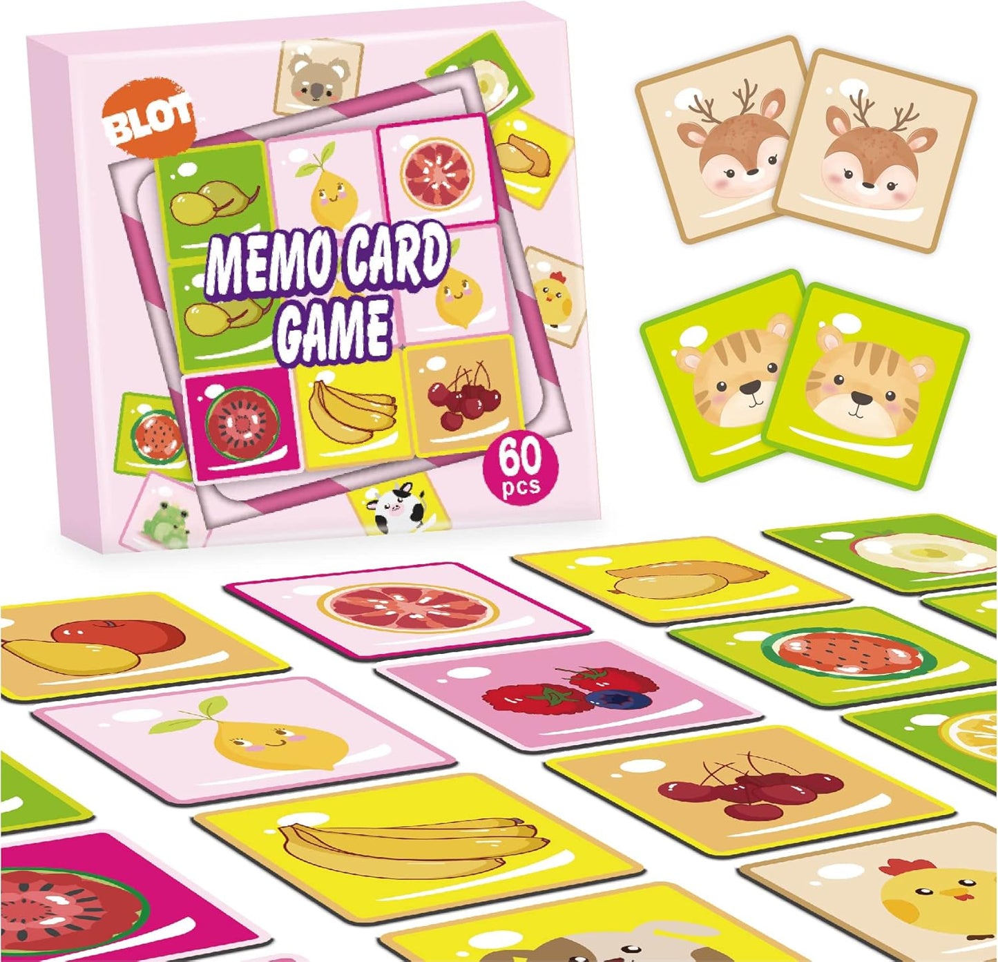 BLOT Memory Games for Kids 60pcs Memory Matching Game Cute Animal Fruit Memory Cards