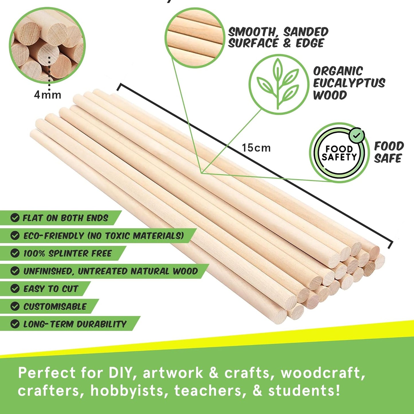 Wooden Dowel Rods by Smith’s® (100 Pack / 15cm x 4mm) | Unfinished, Natural, Organic Wood Sticks