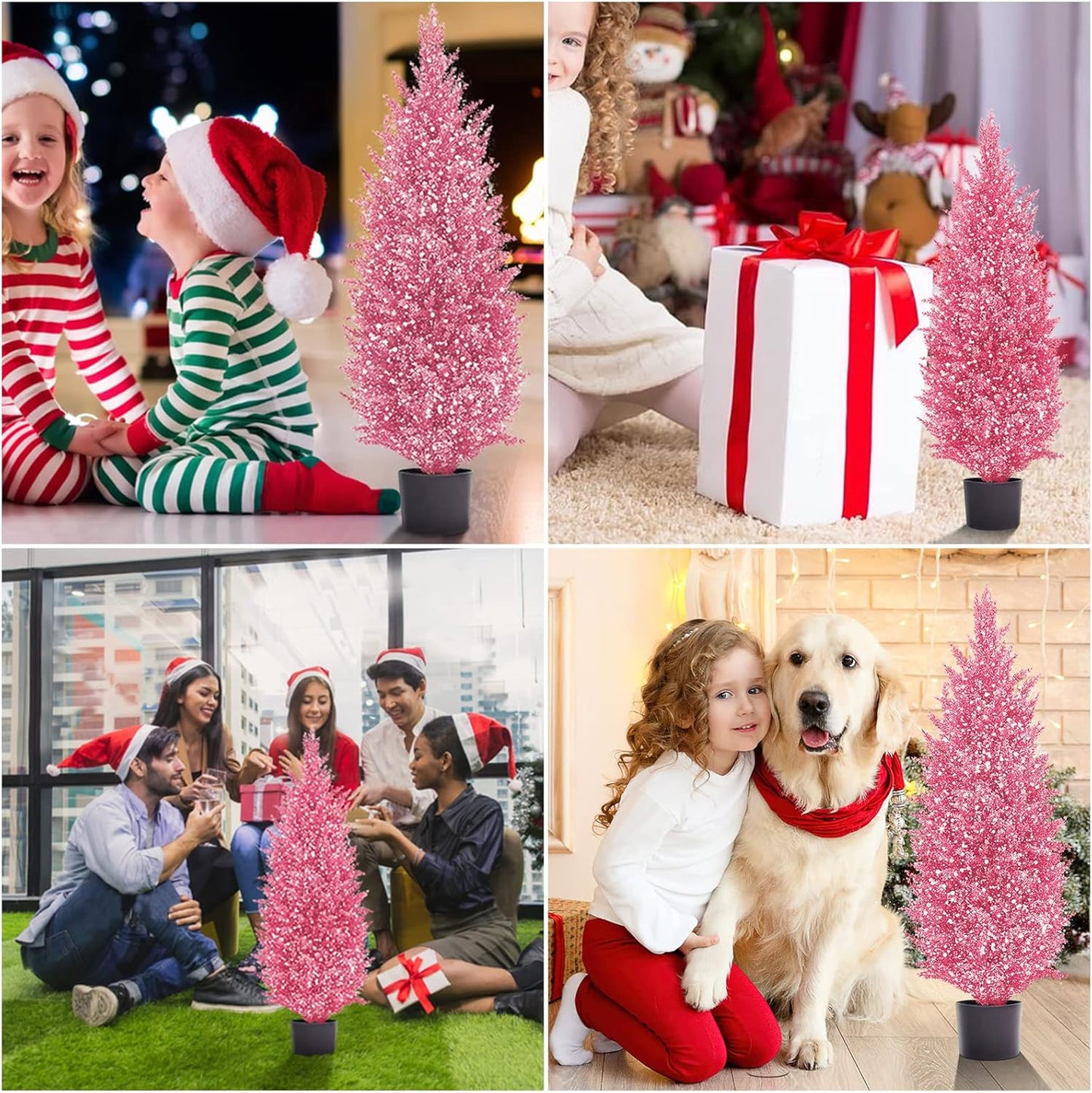 OLIYA with Snowflakes 34.8 Inch Simulation Pink Cedar Potted Tree-UV Pink Christmas Tree-Indoor and Outdoor Home Garden Decoration (1Pcs)