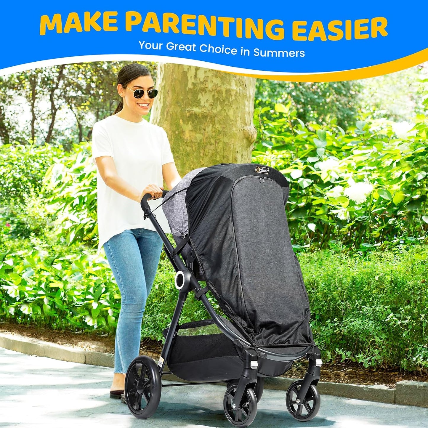 Orzbow Universal Pram Sun Shade, Sun Shade for Pram with Zip Window, Black | Breathable Stroller Sun Shade with PES Woven Fabric, Blackout Blind Pushchair Sun Shade Cover