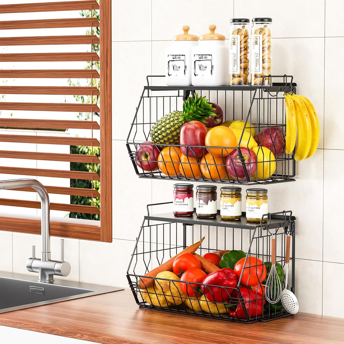 YSD 2-Tier Metal Storage Organizer Stackable Countertop & Wall Mount Shelf for Kitchen, Bathroom, Laundry - Hanging Fruit Basket, Vegetable Rack for Fruits, Veggies, Toiletries & Household Items
