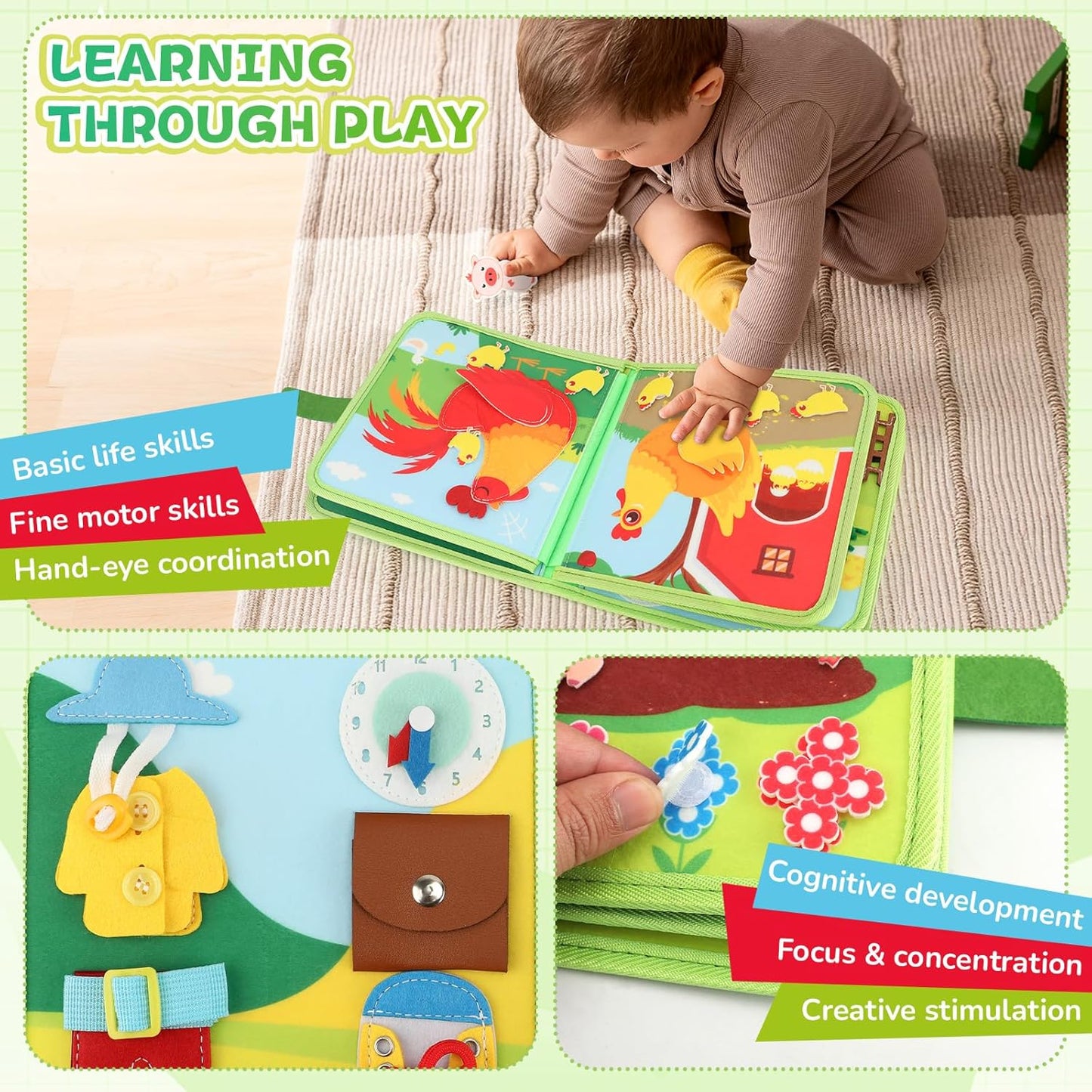 25 in 1 Farm Busy Book Baby Travel Toy, Toddler Sensory Board for Fine Motor Skills