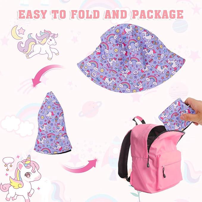 QKURT Kids Sun Hat, Children Sun Protection Bucket Hat Reversible Beach Cap Fishing Hats Summer Fisherman Hats with Unicorn for Outdoor Play for Girls 2-8 Years Old