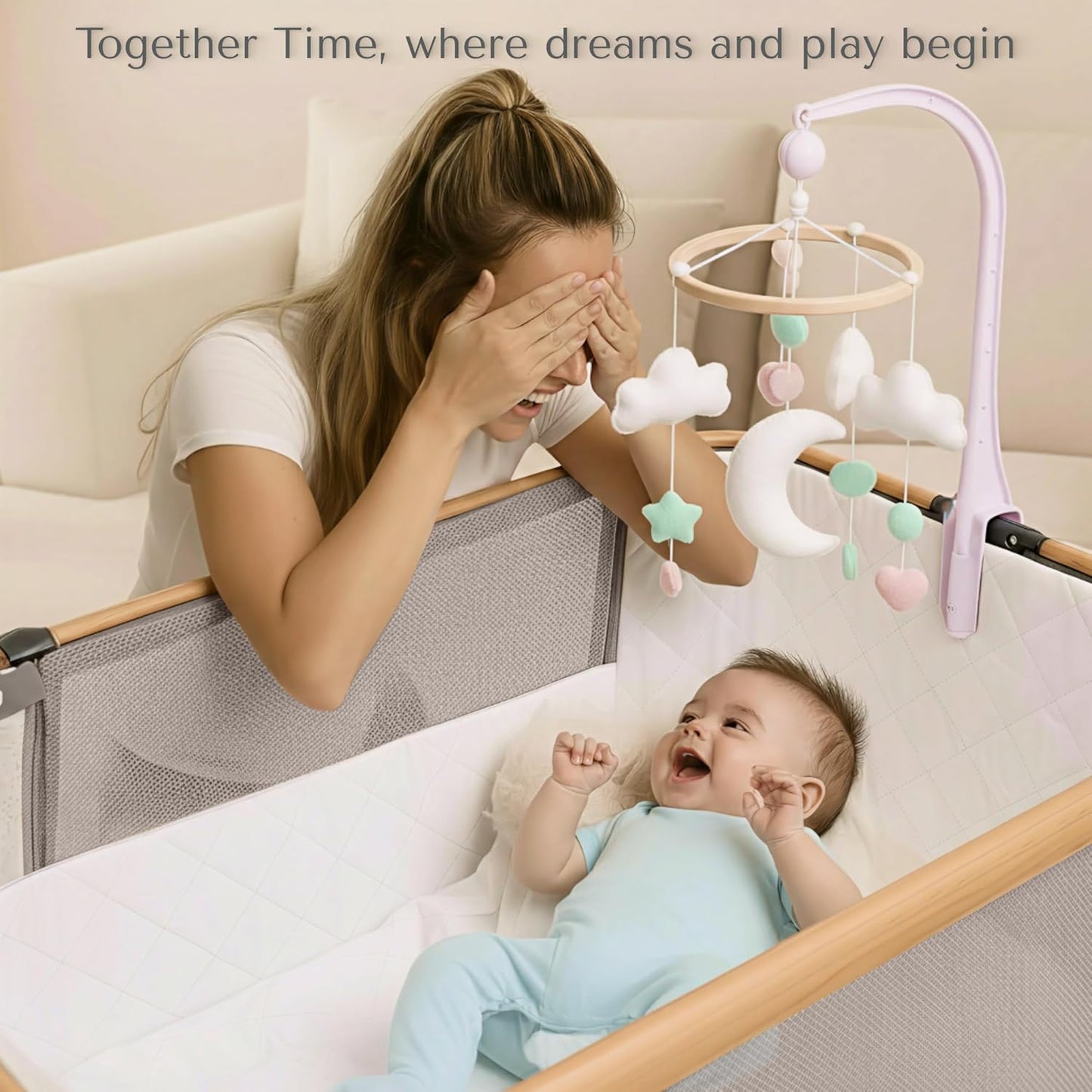 SnooBee Next To Me Bedside Crib & Baby Co-Sleeper – 6 Height Levels, Wheels, Quilted Mattress, Breathable Mesh Sides with Mosquito Net, Foldable Baby Cot with Carry Bag (0–6 Months) - Khaki/Pine