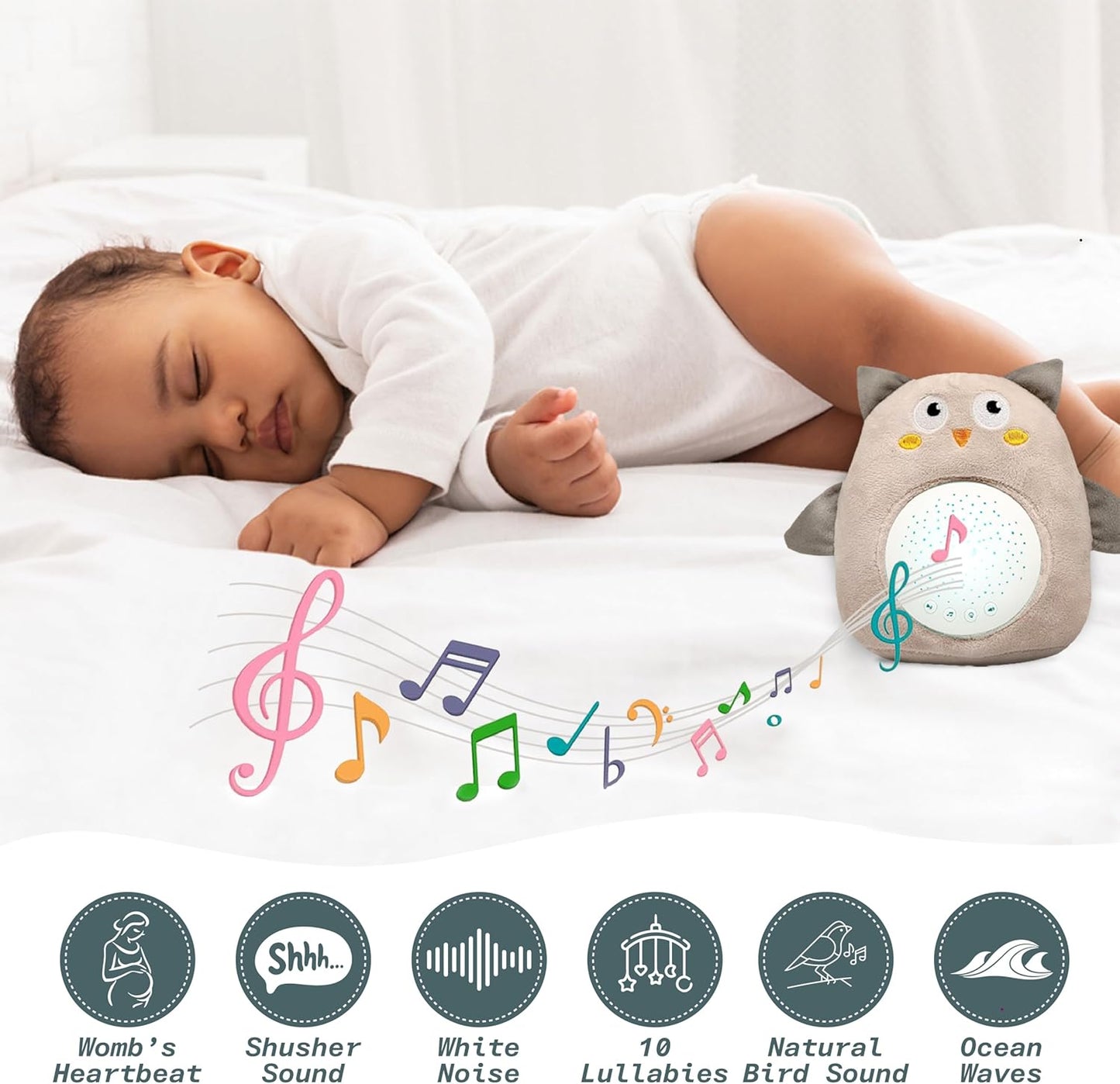 Plush Baby Owl Sleep Soother with Calming Sounds and Starry Projector