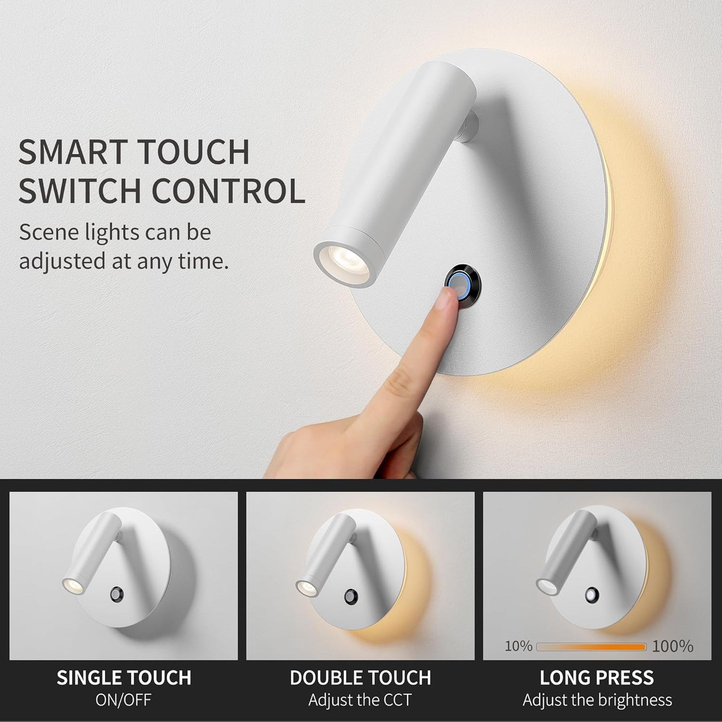 White LED Swivelling Wall Sconce with Touch Control 3W 3000K+3W 4000K Modern Adjustable Wall Spotlight