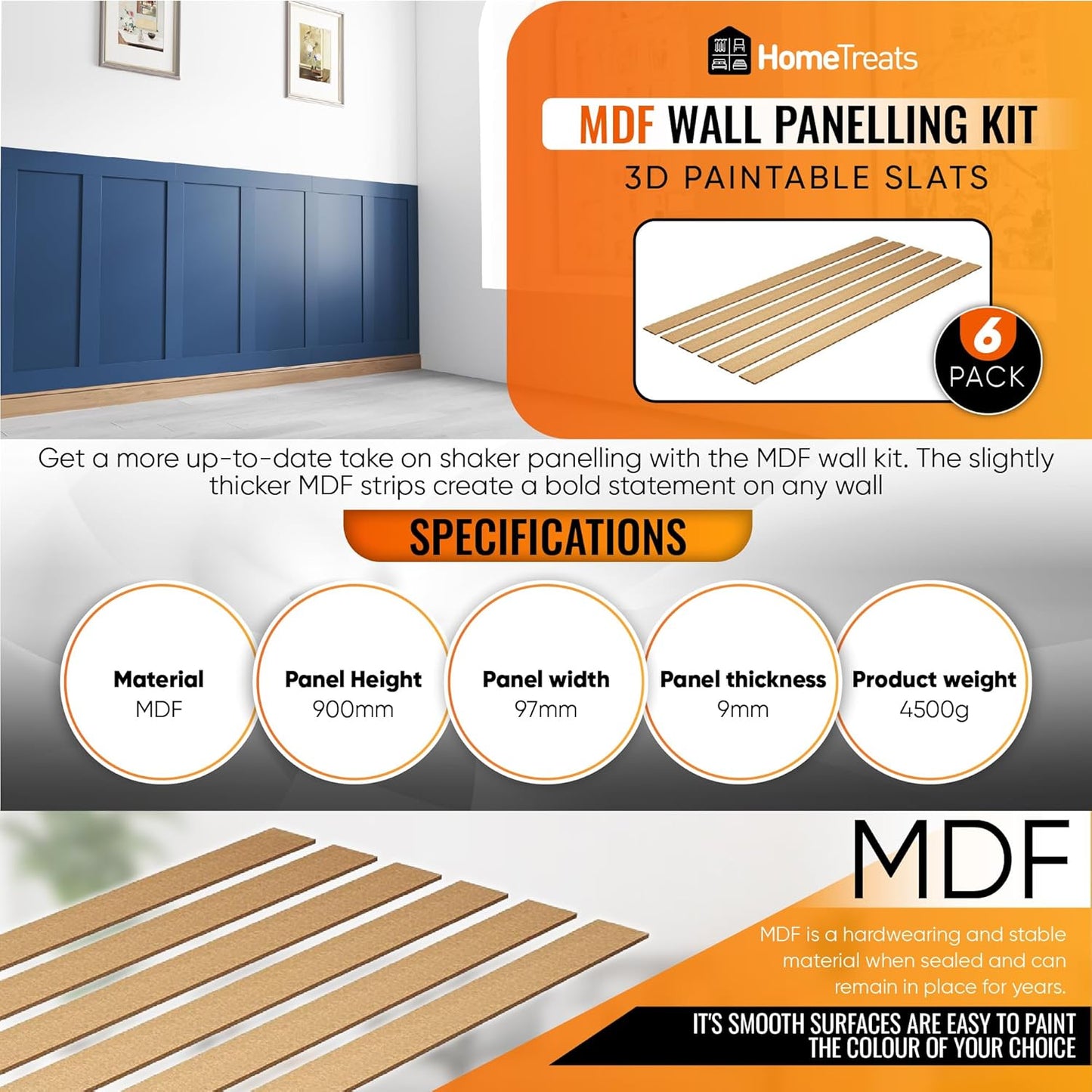 Home Treats Wall Panelling Kit Shaker Style 3D Panel Kit | Paintable MDF Wood Wall Mounting Slats Extending 6 Slats 90 x 9.7 x 0.9 cm