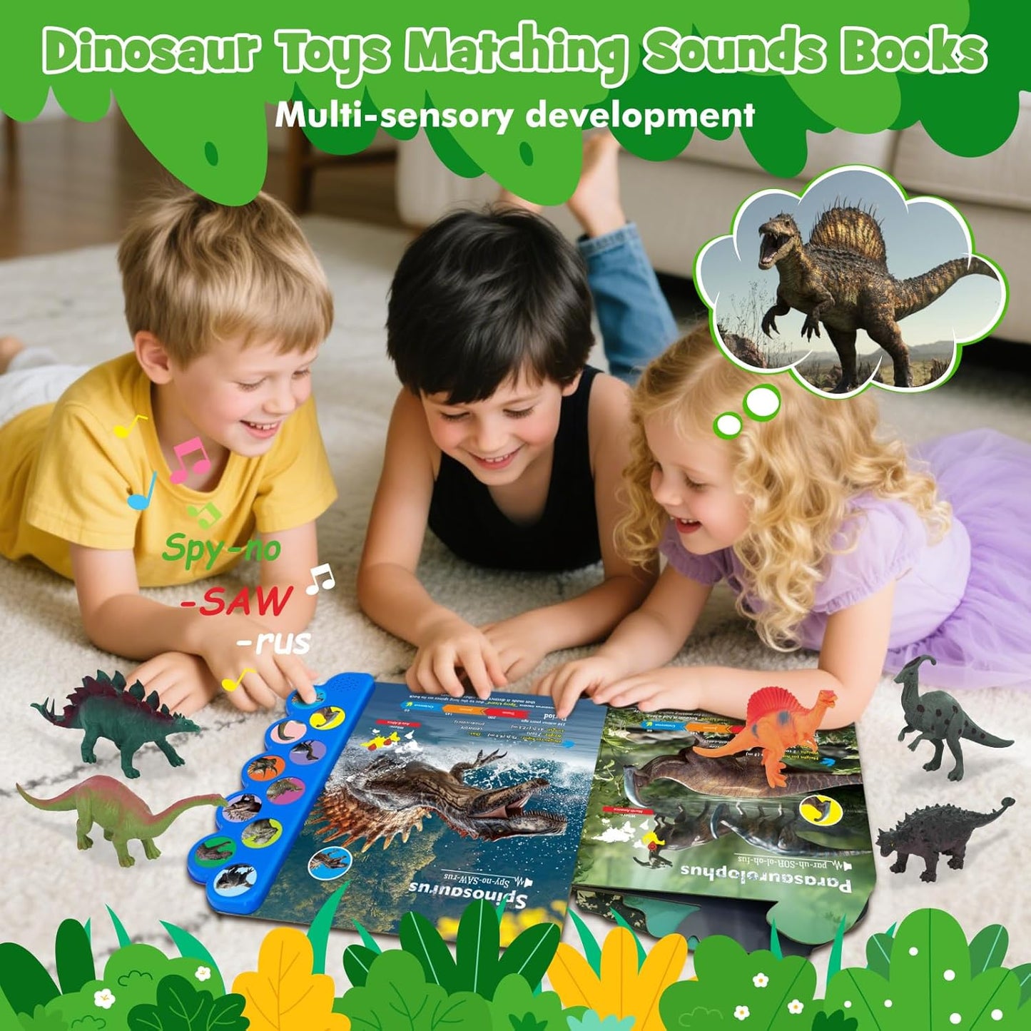 Dinosaur Toys with Sounds Book, 10PCS Dino Figures for Toddlers & Animal Sounds Book with 10 Buttons, Realistic Plastic Animal Figures, Dinosaur Toys for Kids 3-5, Gifts for Dinosaurs Lover