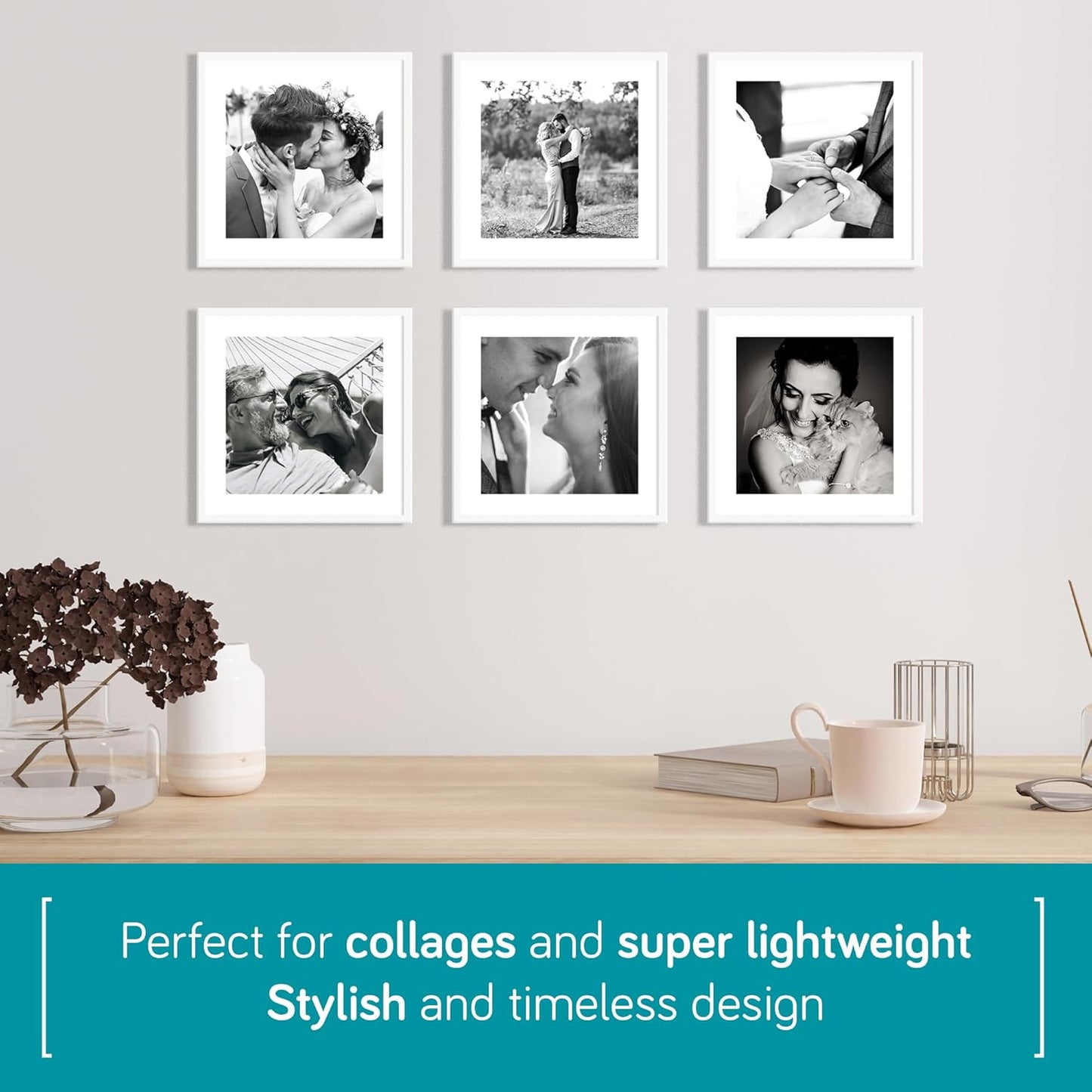 6 8x8 white photo frames arranged on a wall, ideal for collages and featuring a stylish design
