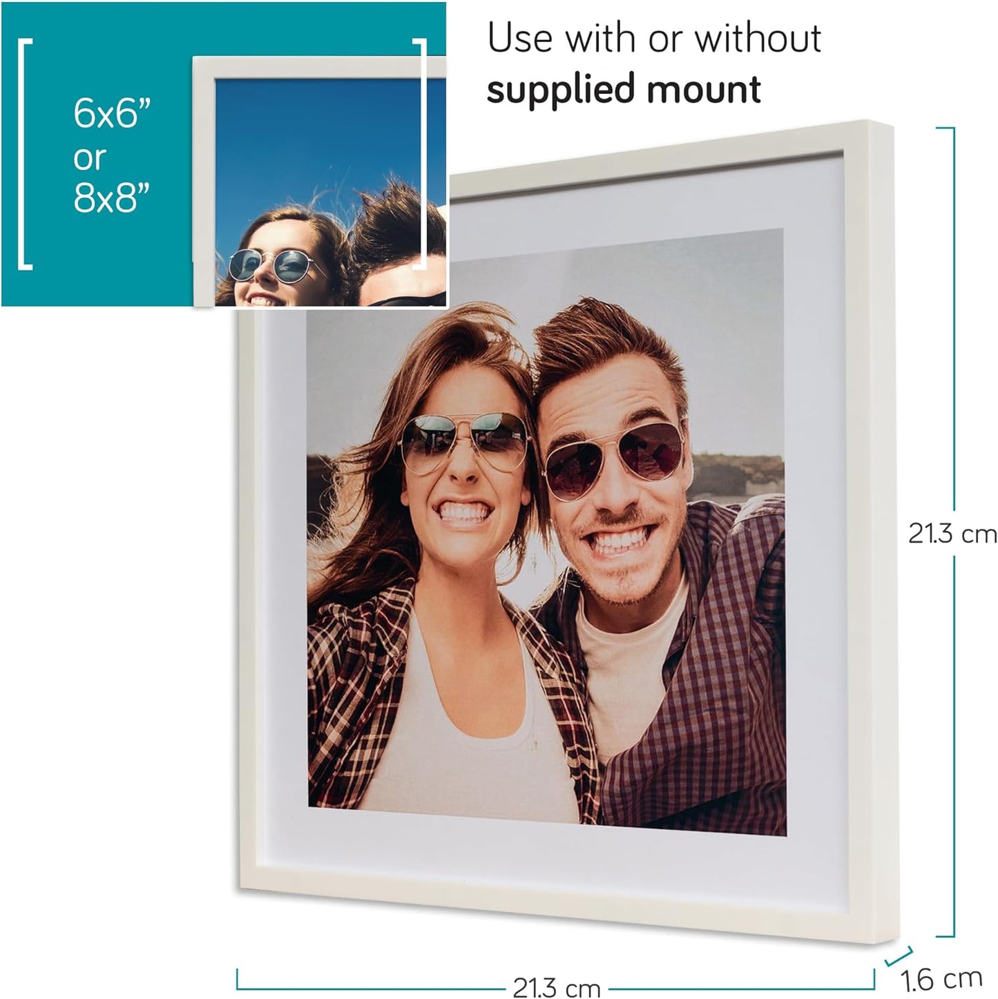 Adventa 8x8 white photo frame suitable for 6x6 or 8x8 pictures with a modern design