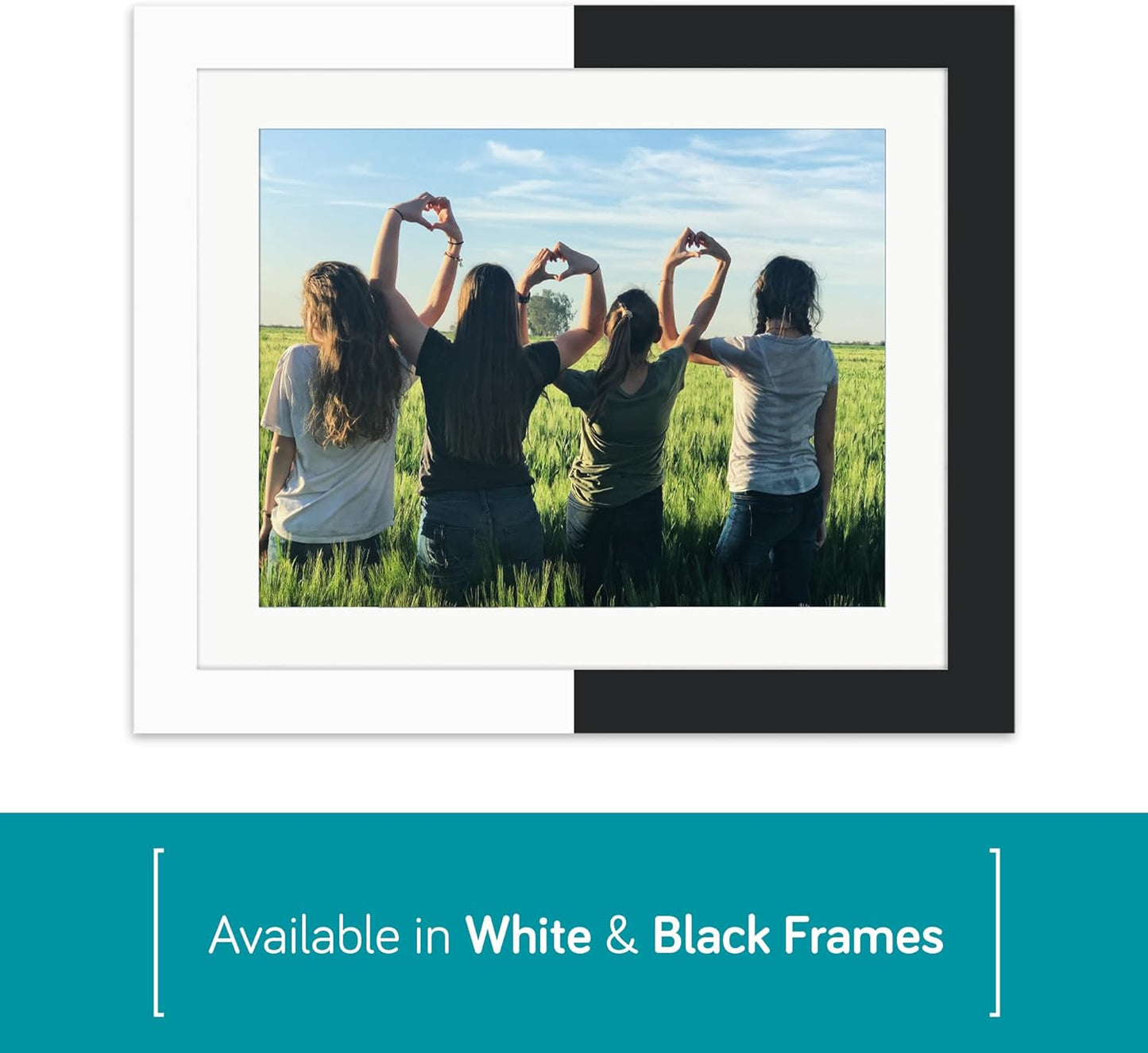 Adventa 8x8 white photo frame displaying a scenic outdoor photo with people forming heart shapes
