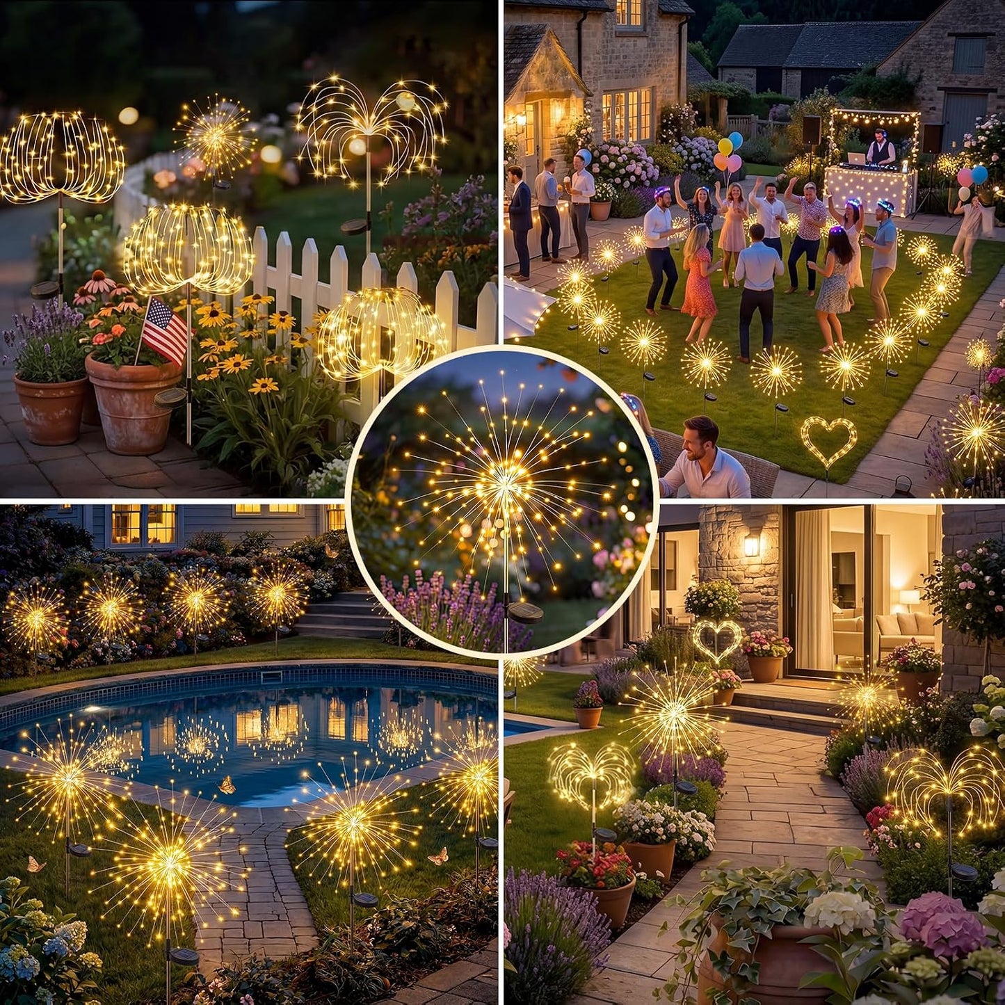 Solar Firework Lights Outdoor 3 Pack, 120LED Solar Starburst Garden Lights with 8 Modes, Waterproof Decorative Lights for Backyard, Garden, Patio & Lawn Landscape Decor-Warm White