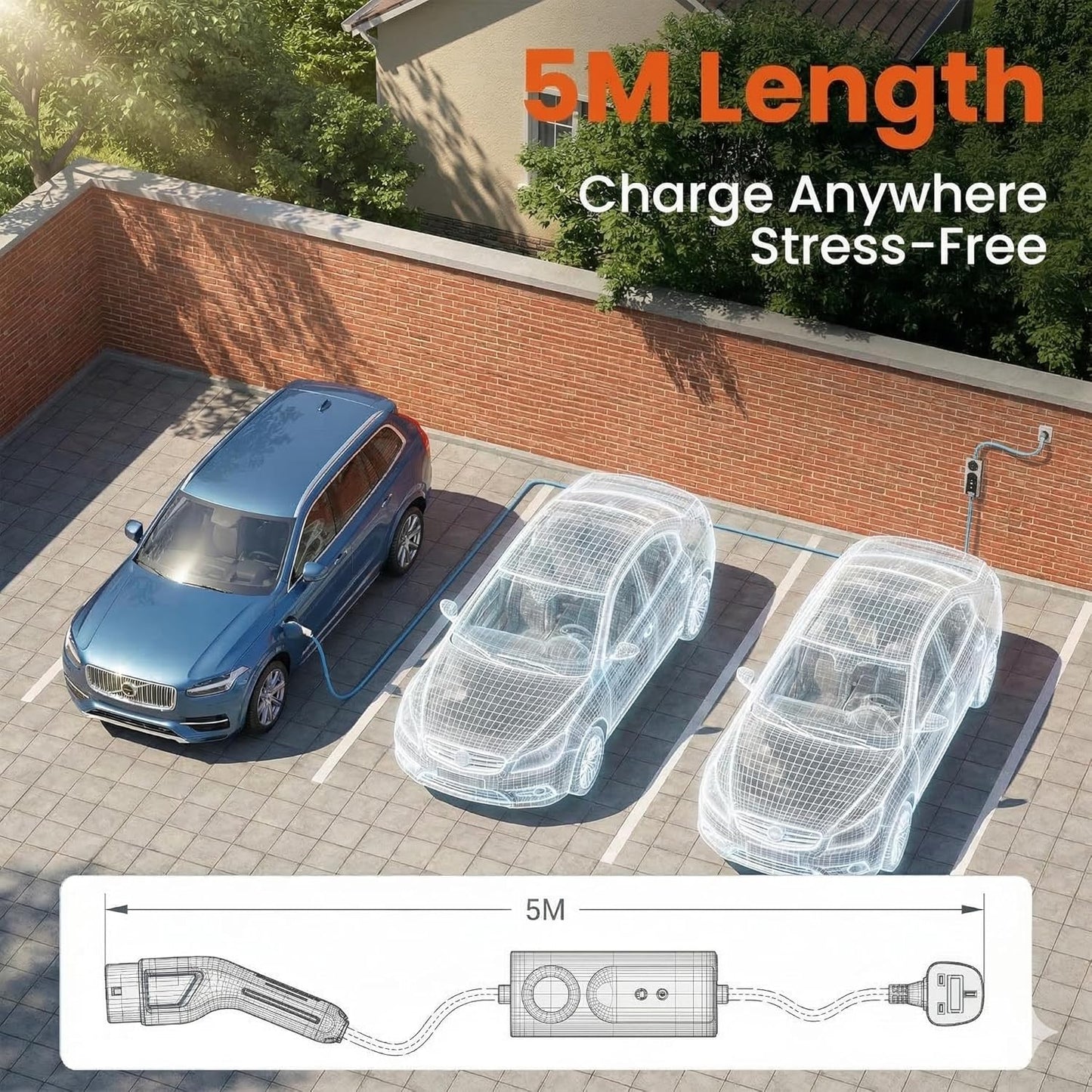 Portable EV Charger Type 2 to UK 3-Pin Plug, 3kW 13A Electric Vehicle Charging, Adjustable Current with Smart LCD Display & Delay Start, IP67 Waterproof, Compatible with Most car (5M)