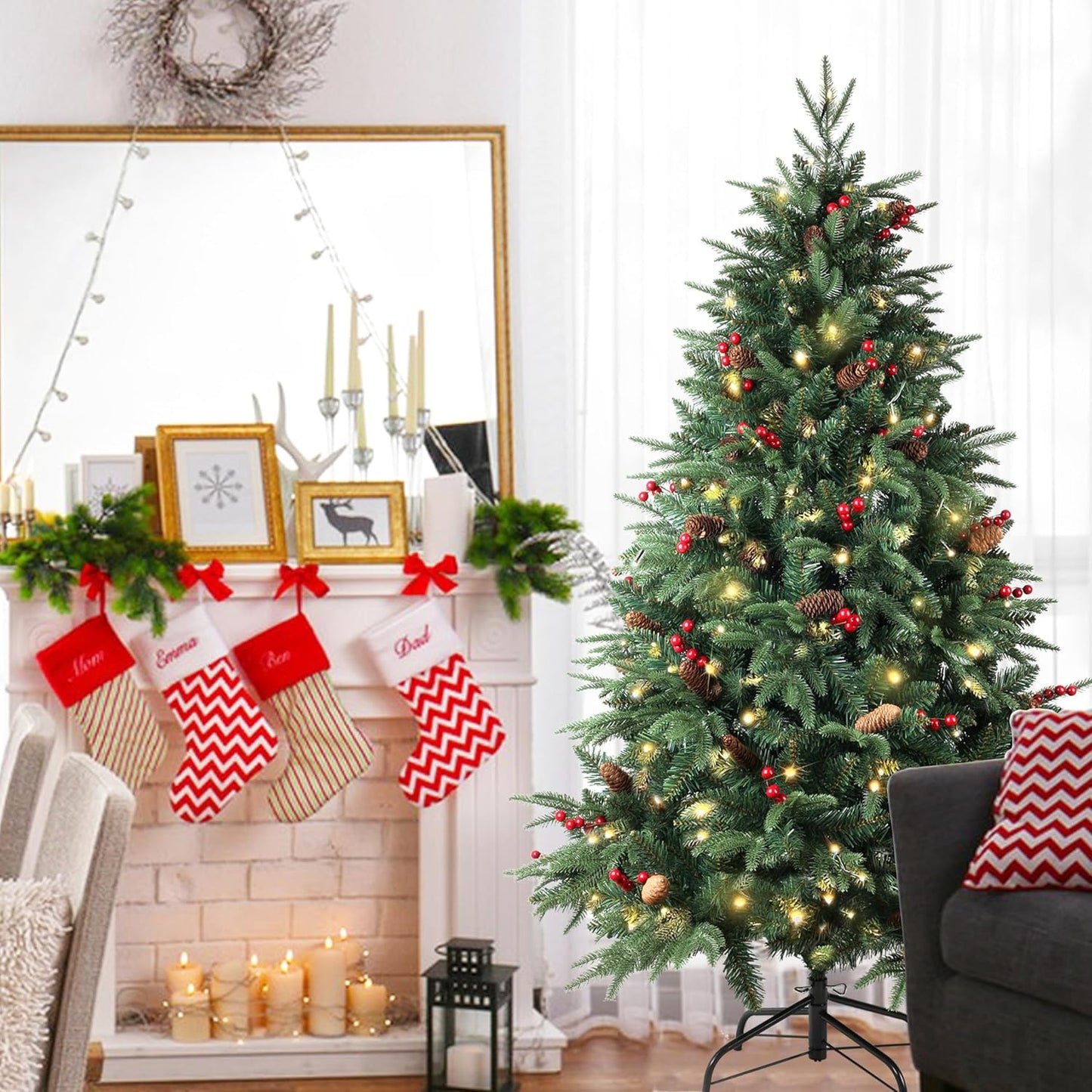 A-SZCXTOP pre-lit Christmas tree 5ft decorated with ornaments, placed next to a festive fireplace