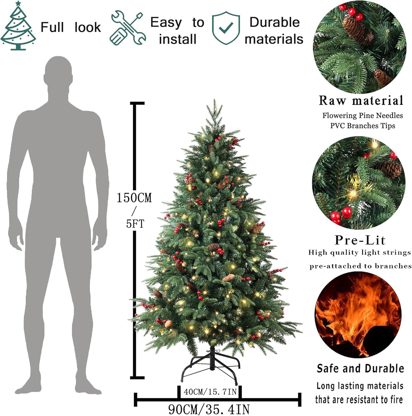 A-SZCXTOP pre-lit Christmas tree 5ft with a full look and durable materials, ideal for festive decor