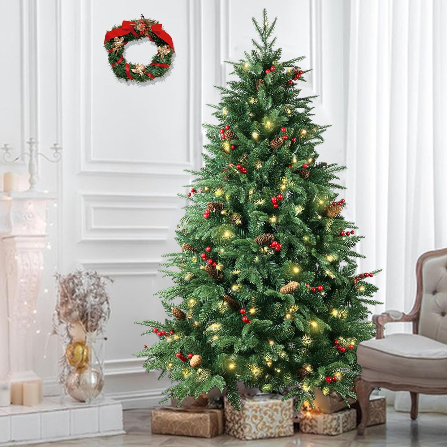 A-SZCXTOP pre-lit Christmas tree 5ft decorated with ornaments, set in a cozy living room