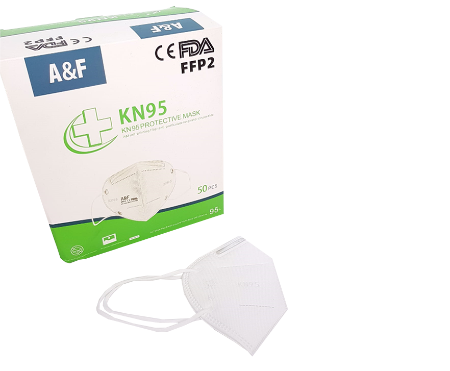 A&F KN95 FFP2 masks box of 50 with individual mask displayed for protection against airborne particles