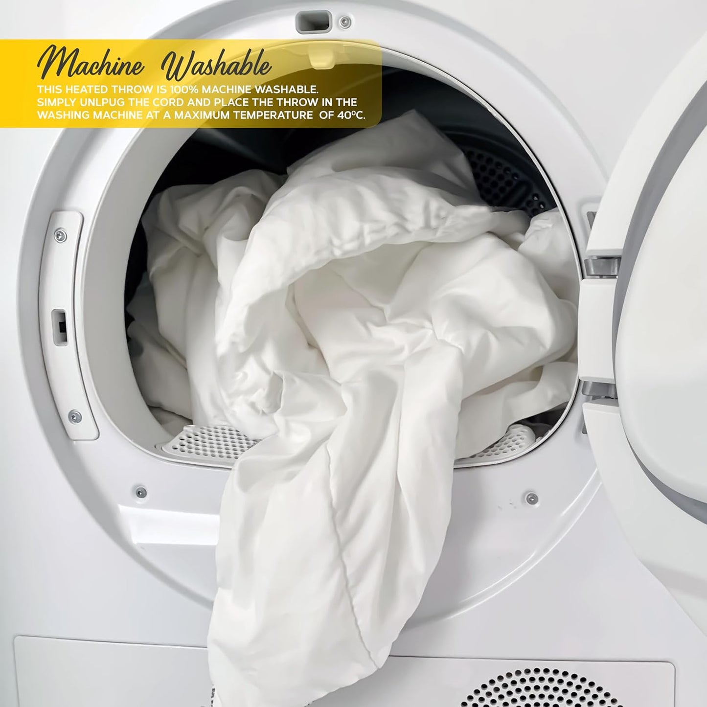 Machine washable single electric blanket fitted being dried in a dryer for easy maintenance
