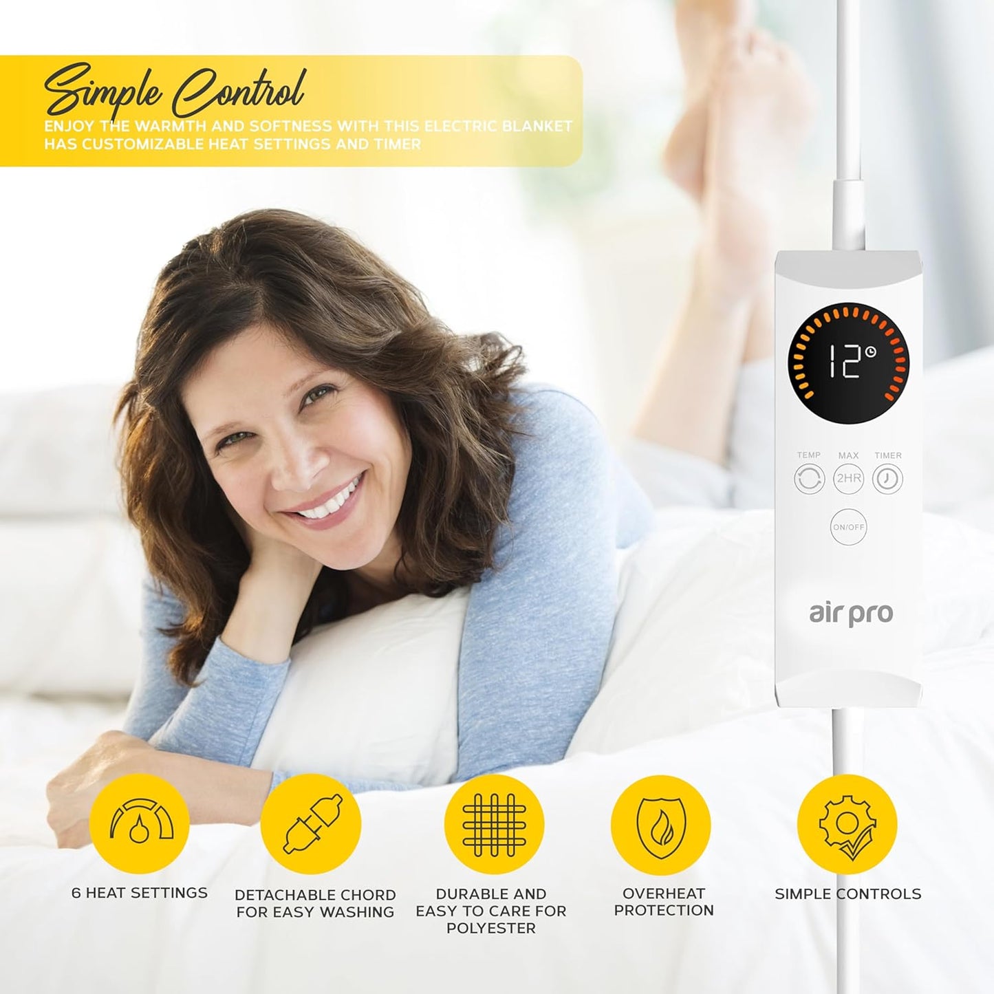Air Pro single electric blanket fitted with adjustable heat settings and timer for optimum comfort