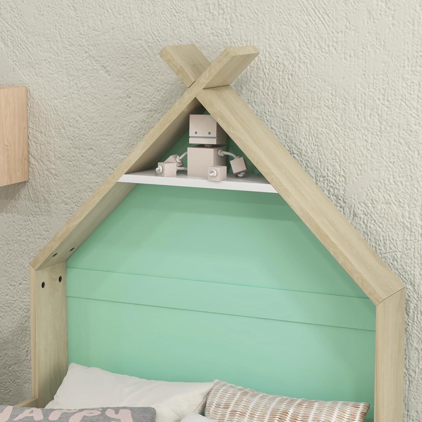 AIYAPLAY single bed for kids with a playful house-shaped headboard and soft pastel colours